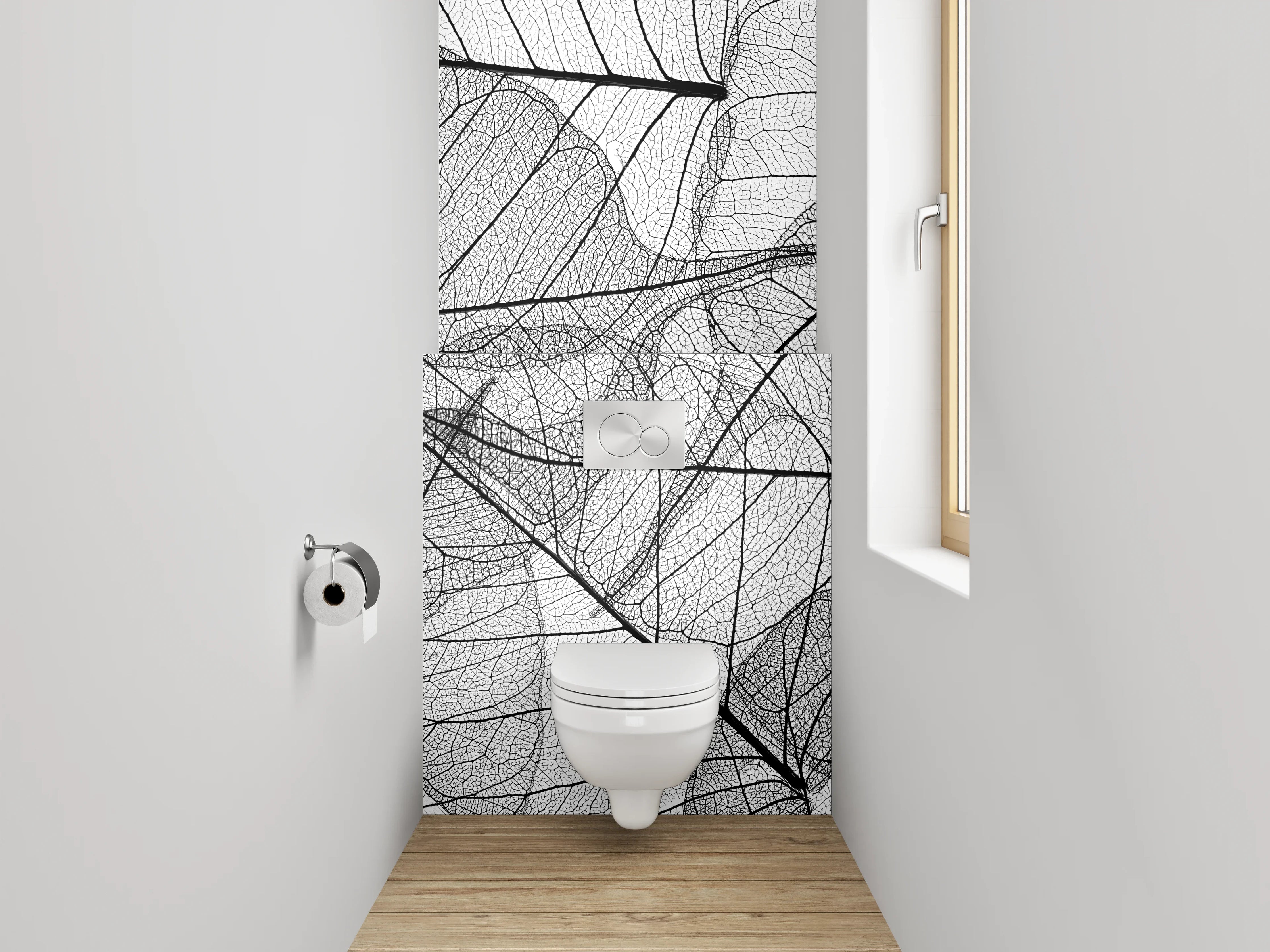 WC-Rückwand - Schwarz-weiße filigrane Blättermuster