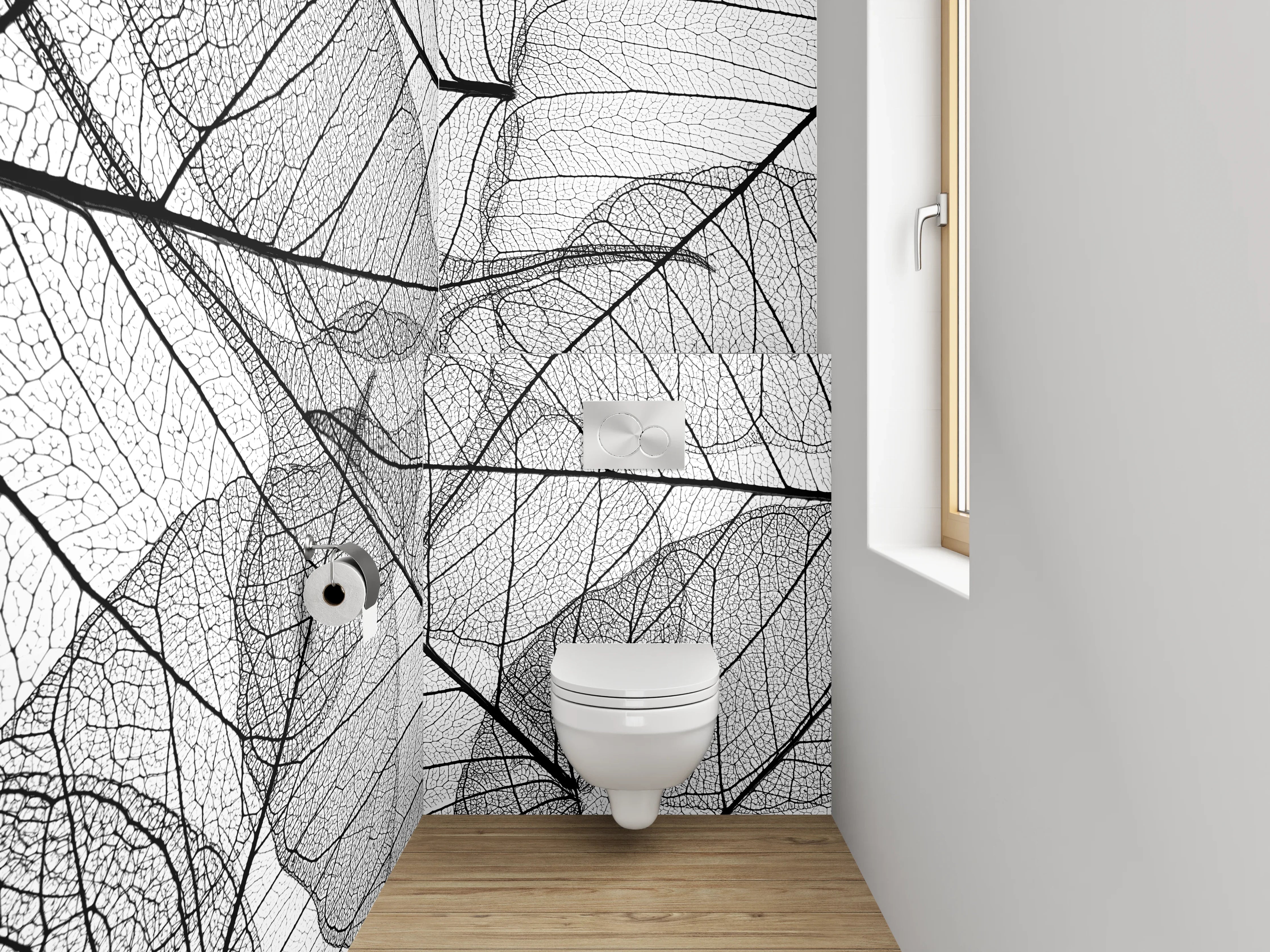 WC-Rückwand - Schwarz-weiße filigrane Blättermuster