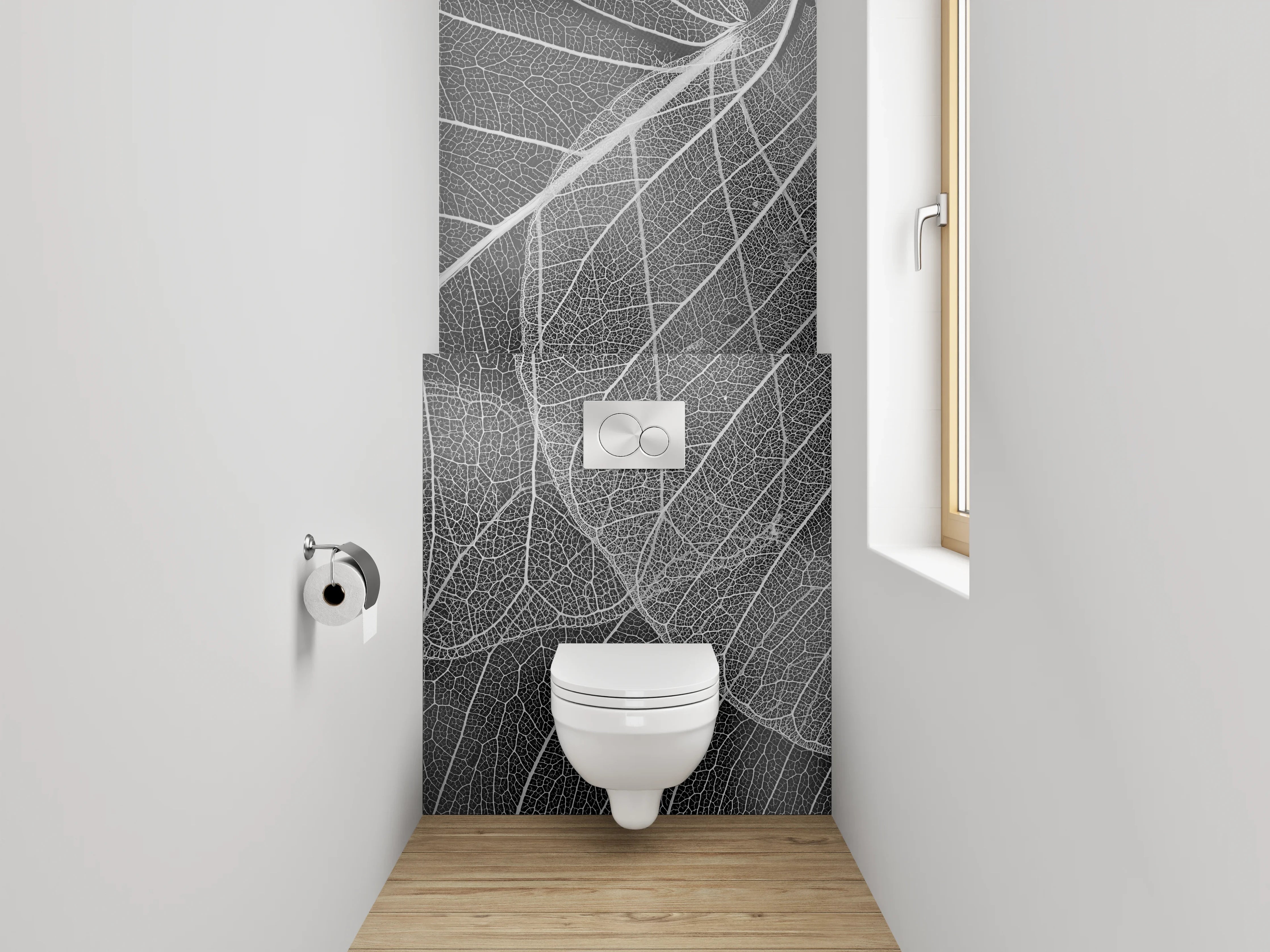 WC-Rückwand - Schwarz-weiße filigrane Blattadern