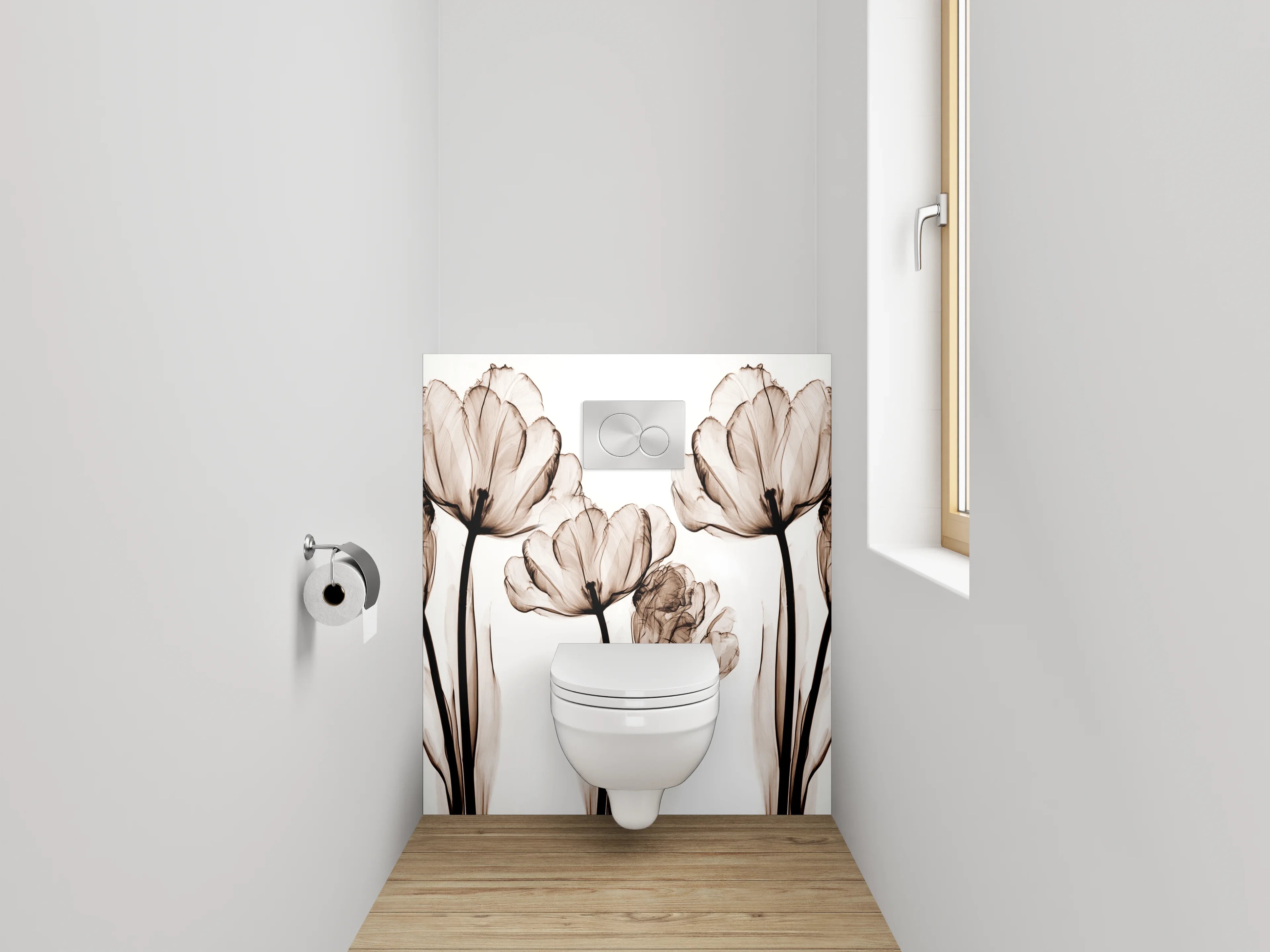 WC-Rückwand - Schwarz-weiße florale Lineart Tulpen