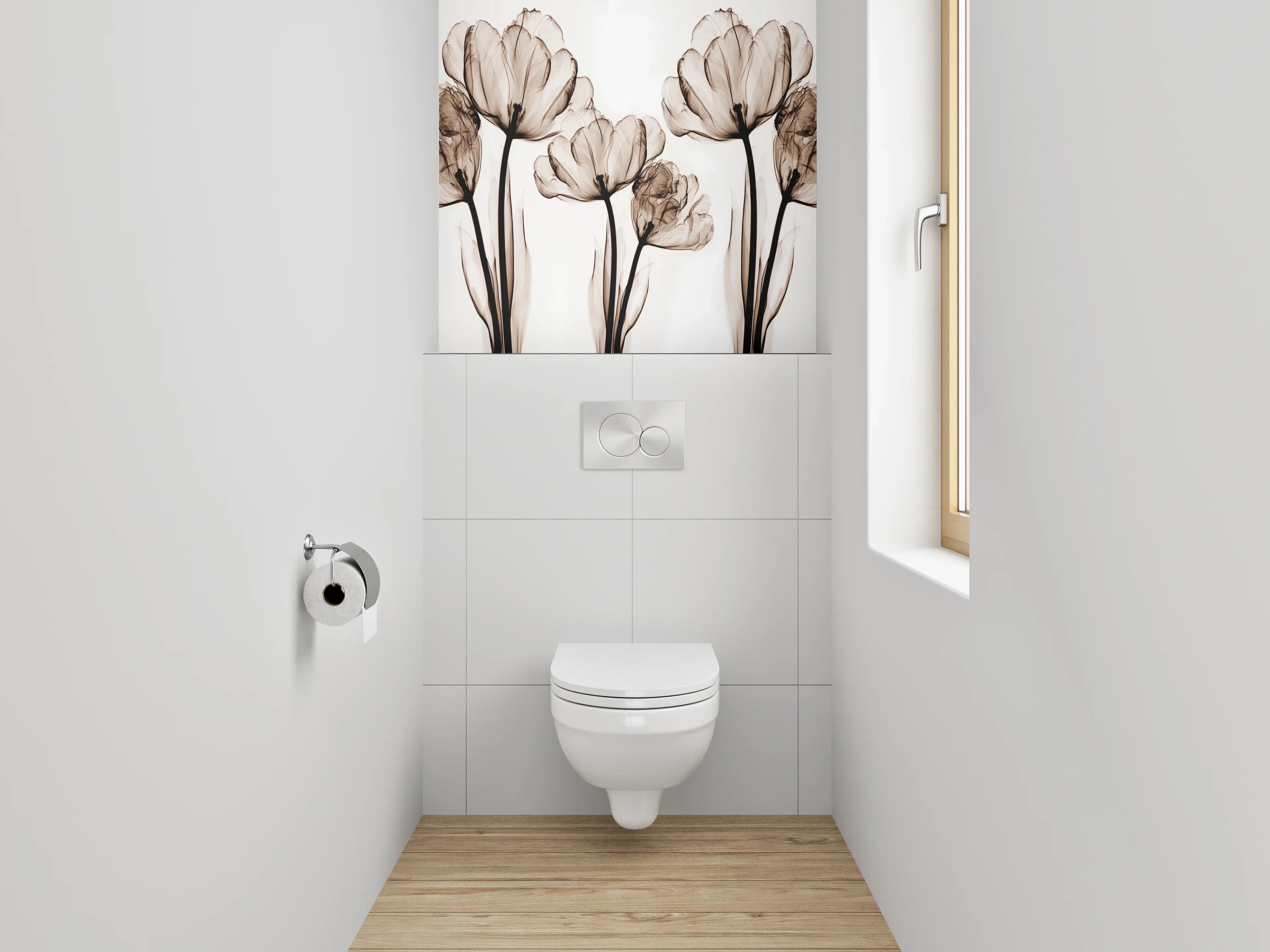 WC-Rückwand - Schwarz-weiße florale Lineart Tulpen