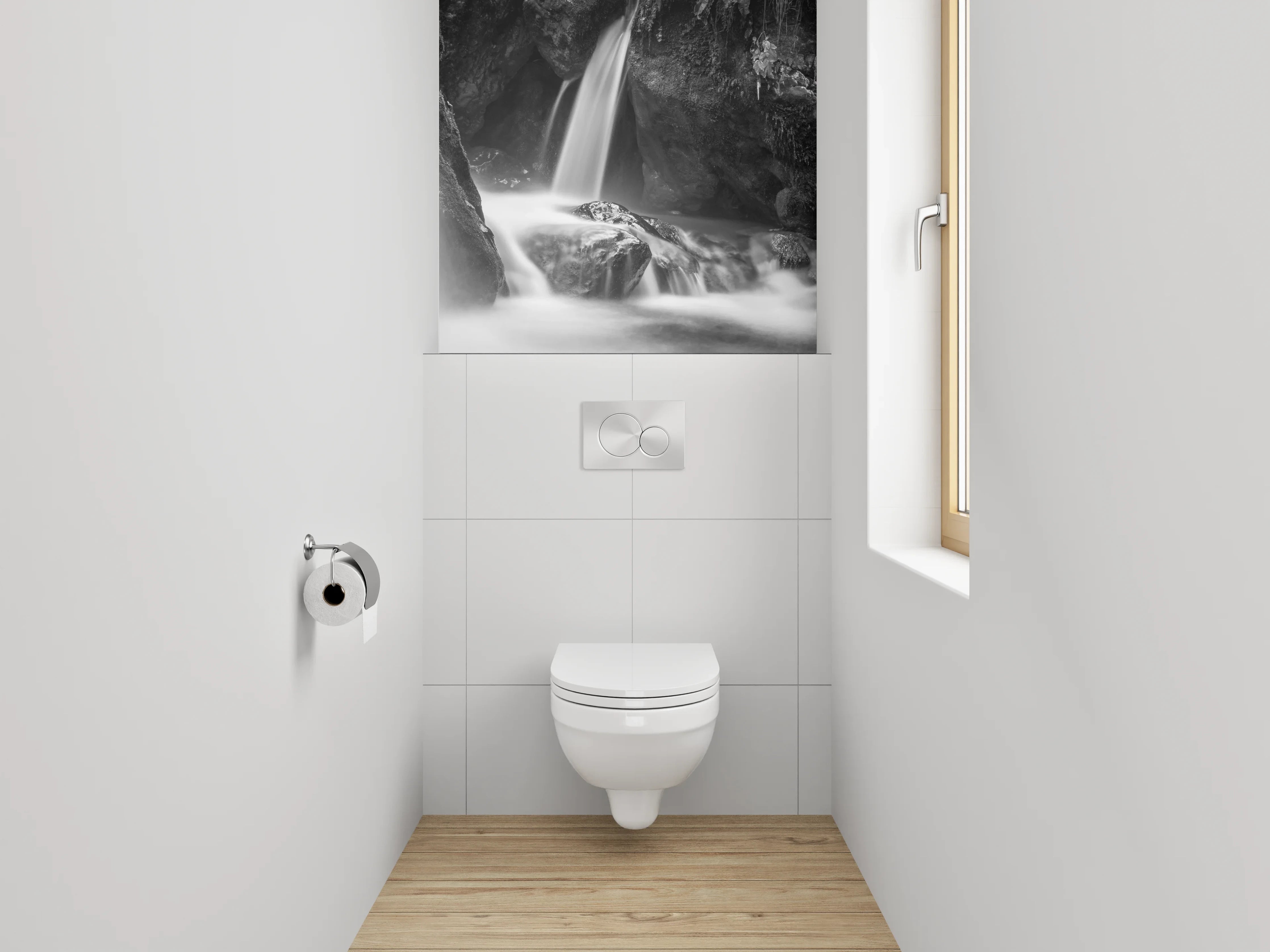 WC-Rückwand - Schwarz-weißer Wasserfall auf Felsen