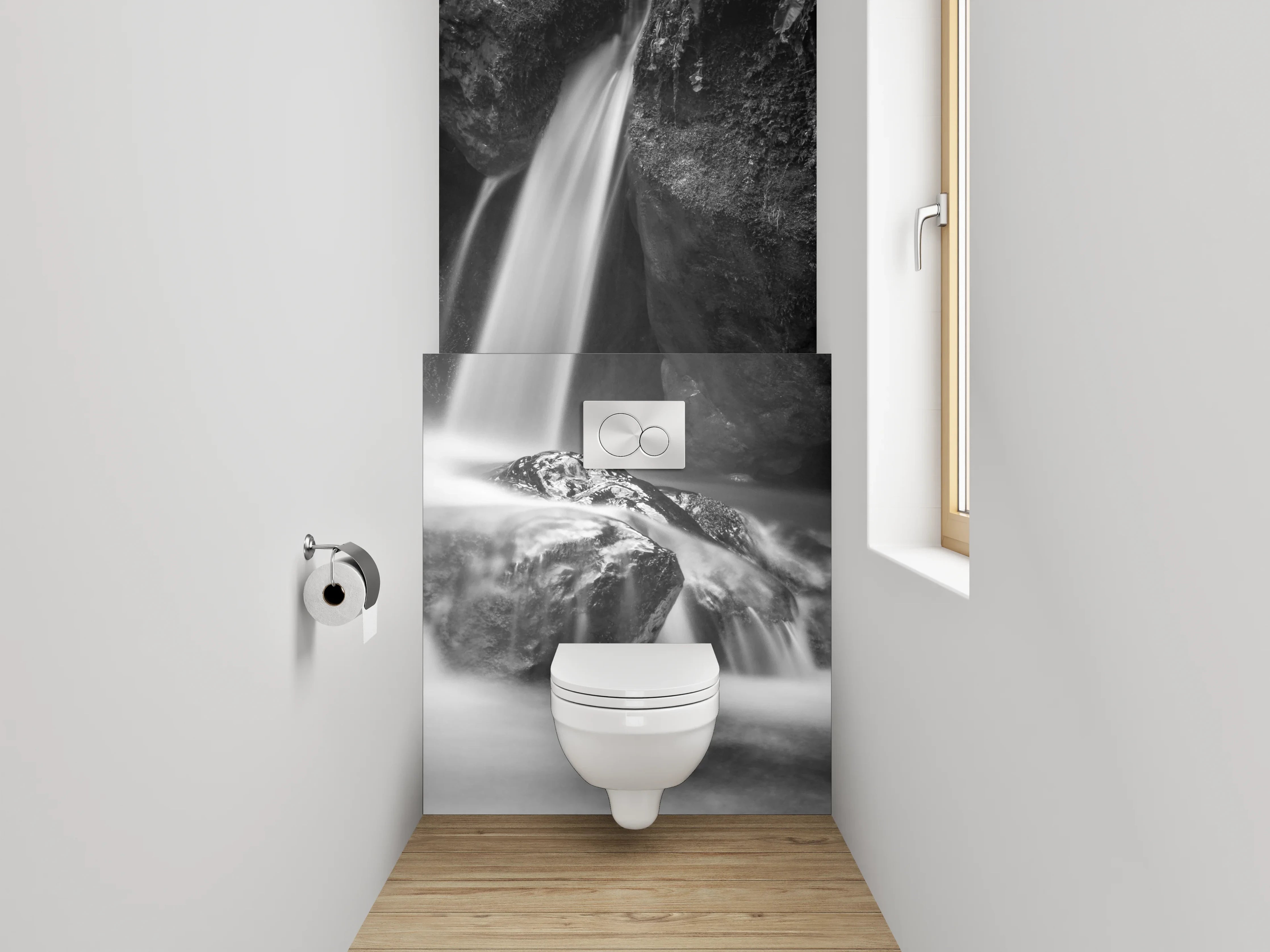 WC-Rückwand - Schwarz-weißer Wasserfall auf Felsen