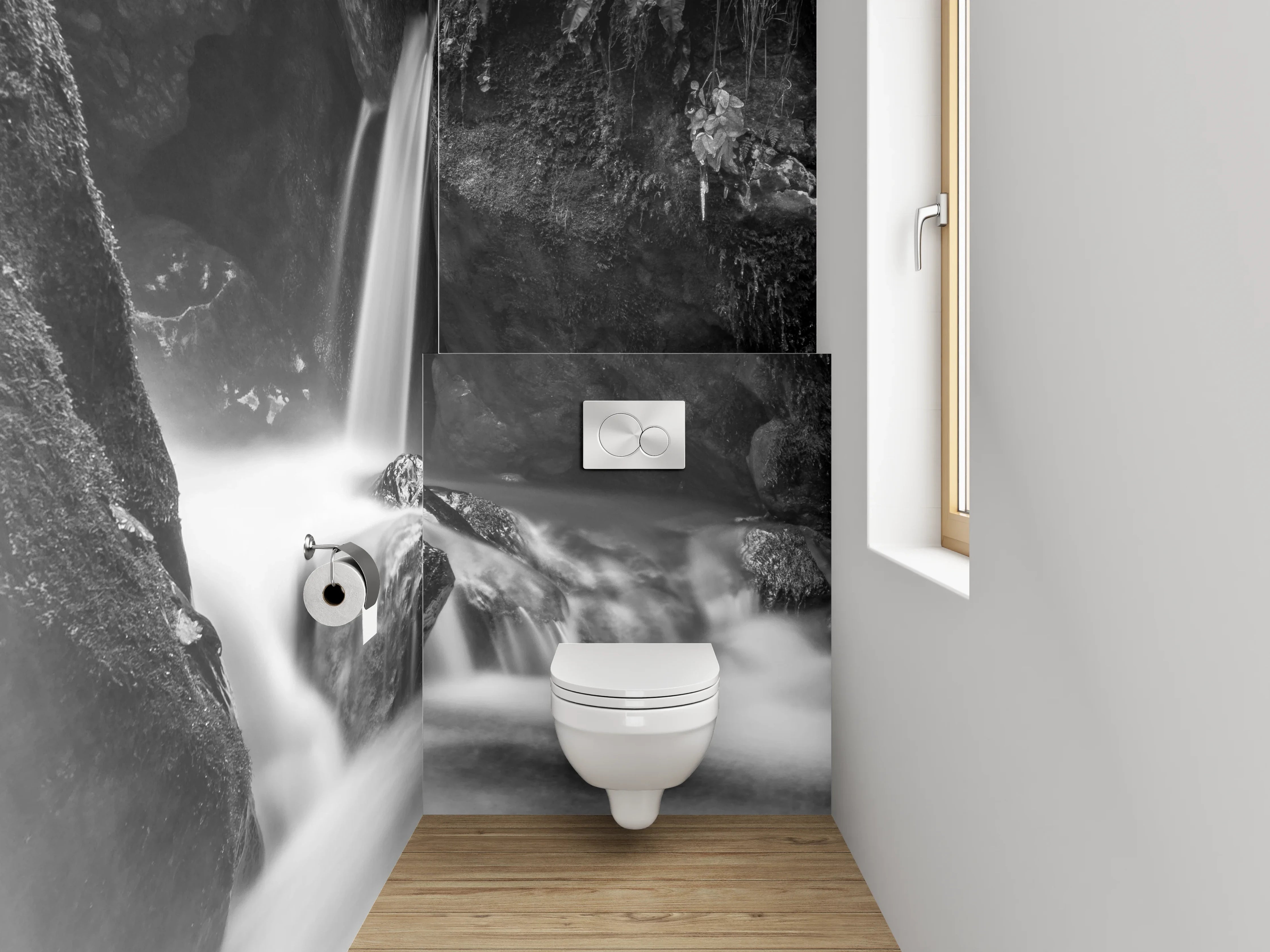 WC-Rückwand - Schwarz-weißer Wasserfall auf Felsen
