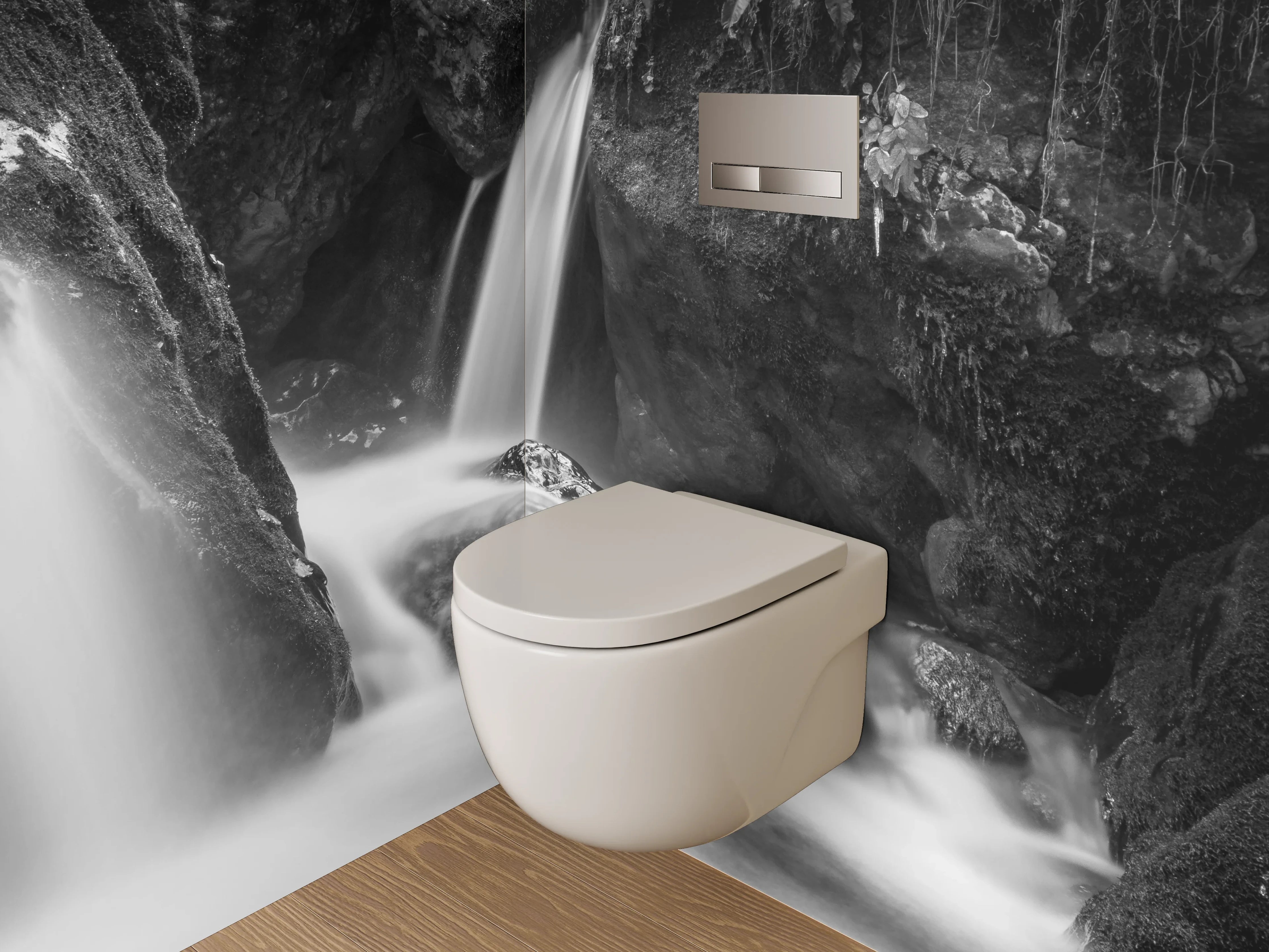 WC-Rückwand - Schwarz-weißer Wasserfall auf Felsen
