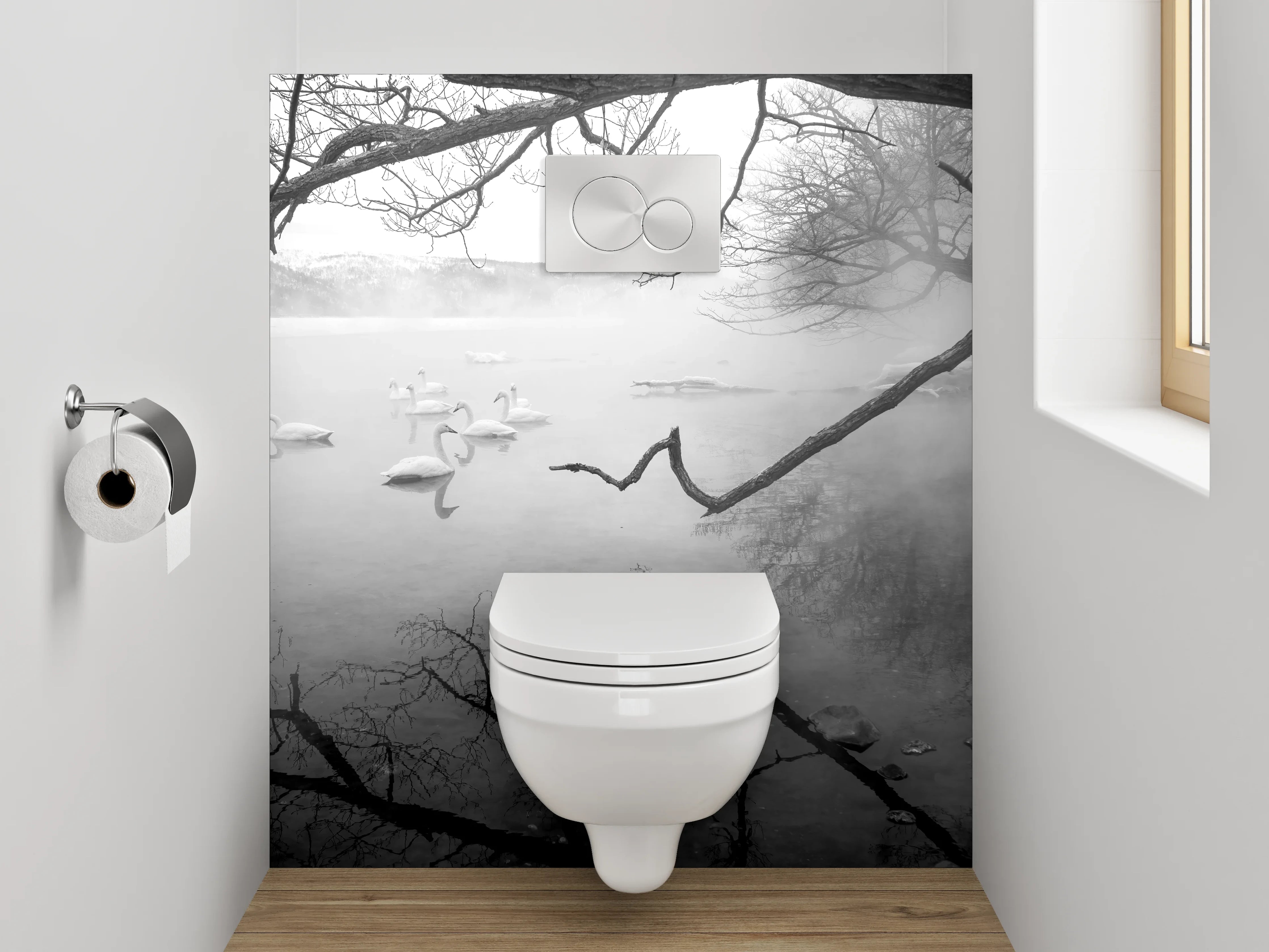 WC-Rückwand - Schwarz-weißer Wintersee mit Schwänen