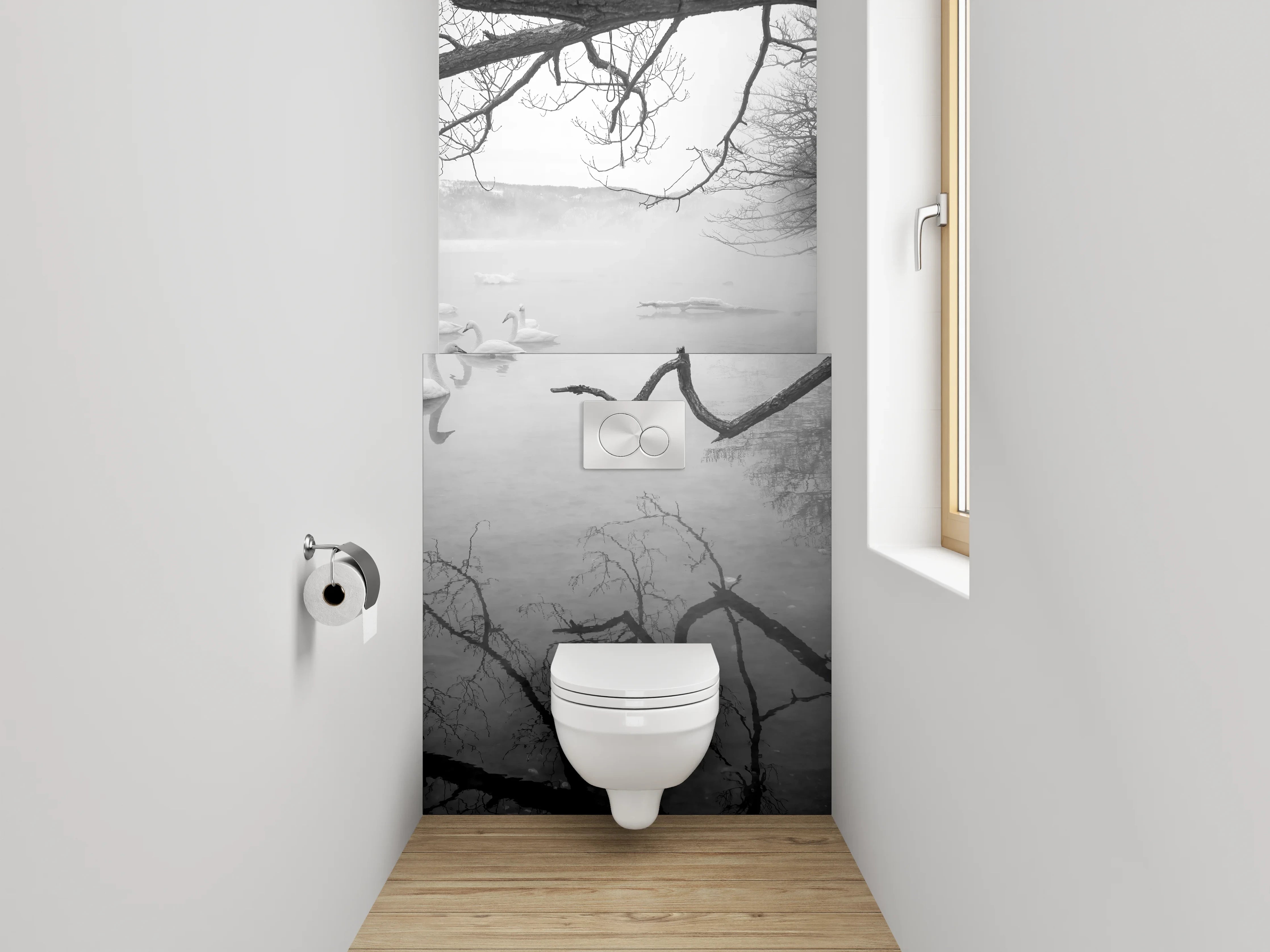 WC-Rückwand - Schwarz-weißer Wintersee mit Schwänen