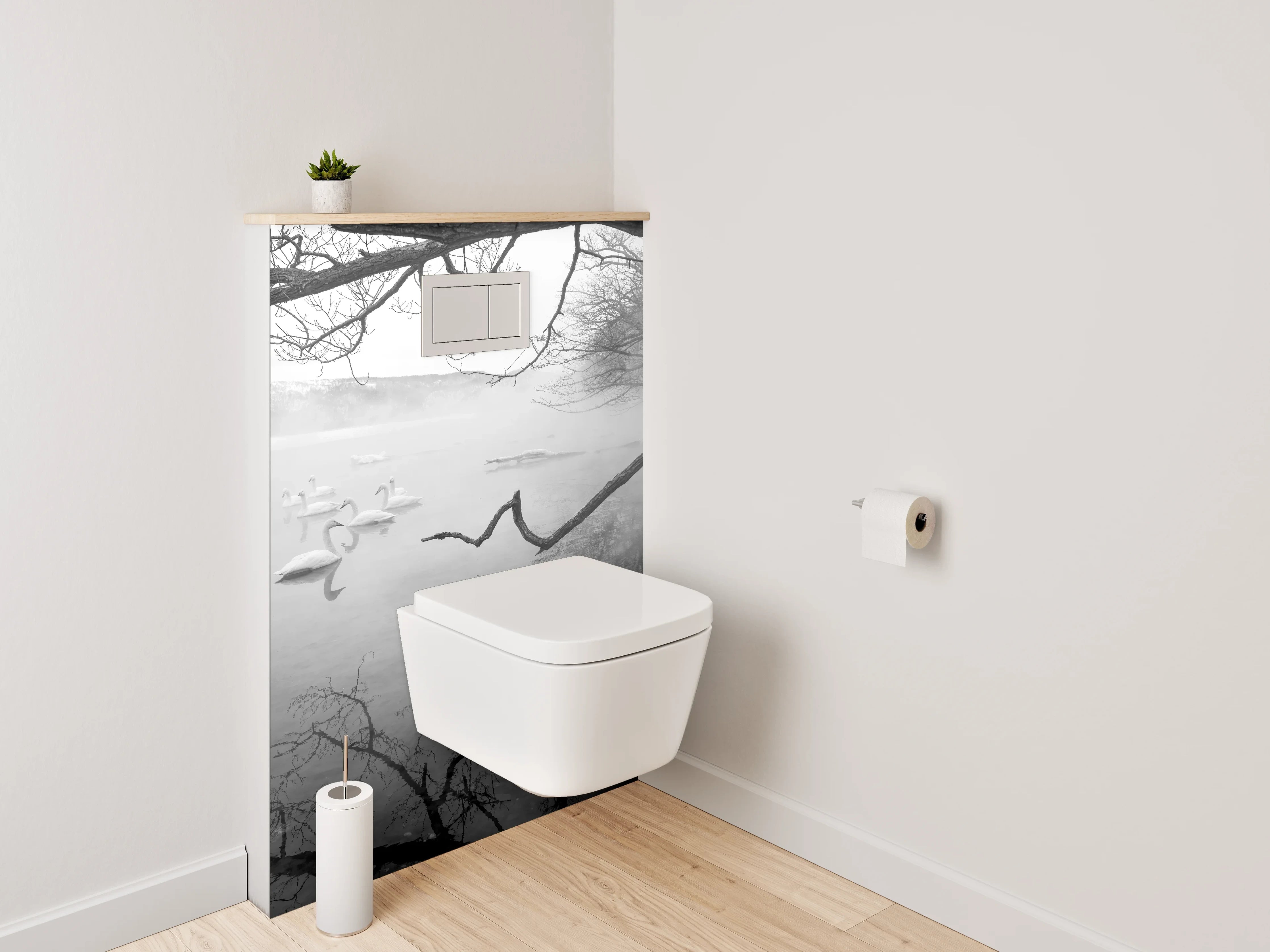 WC-Rückwand - Schwarz-weißer Wintersee mit Schwänen