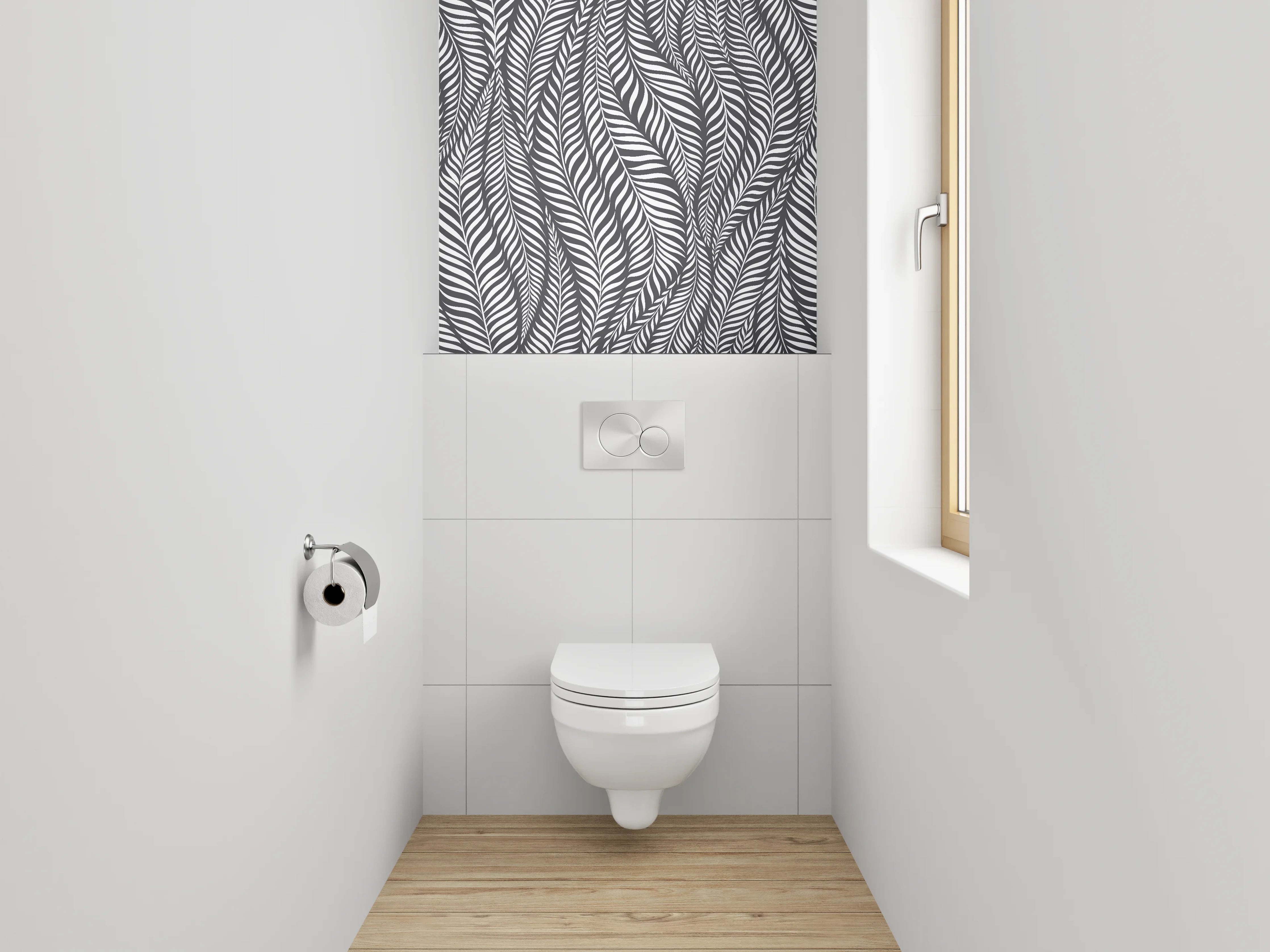 WC-Rückwand - Schwarz-weißes Blätter-Muster modern