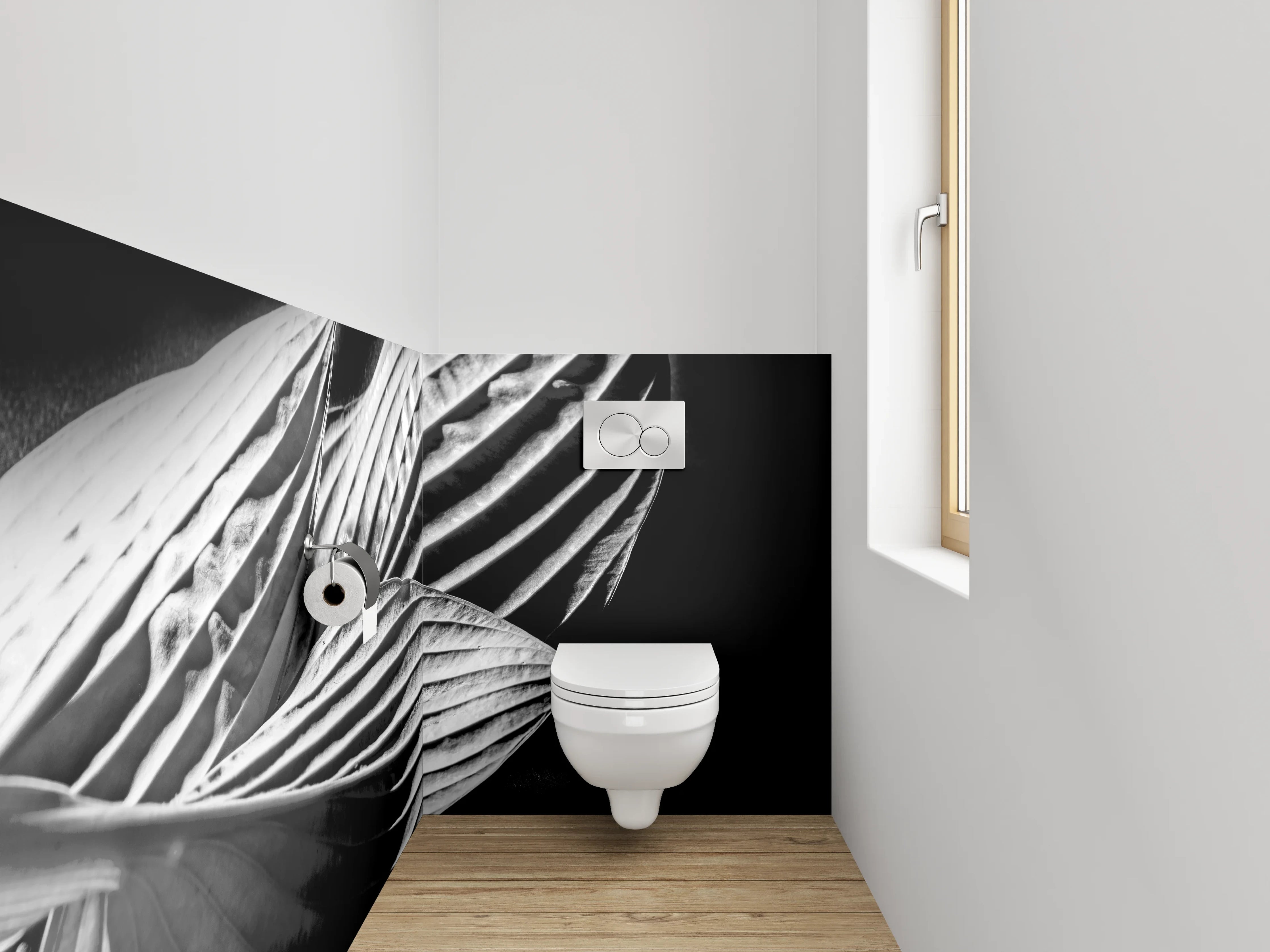 WC-Rückwand - Schwarz-weißes Blattmuster Fotokunst