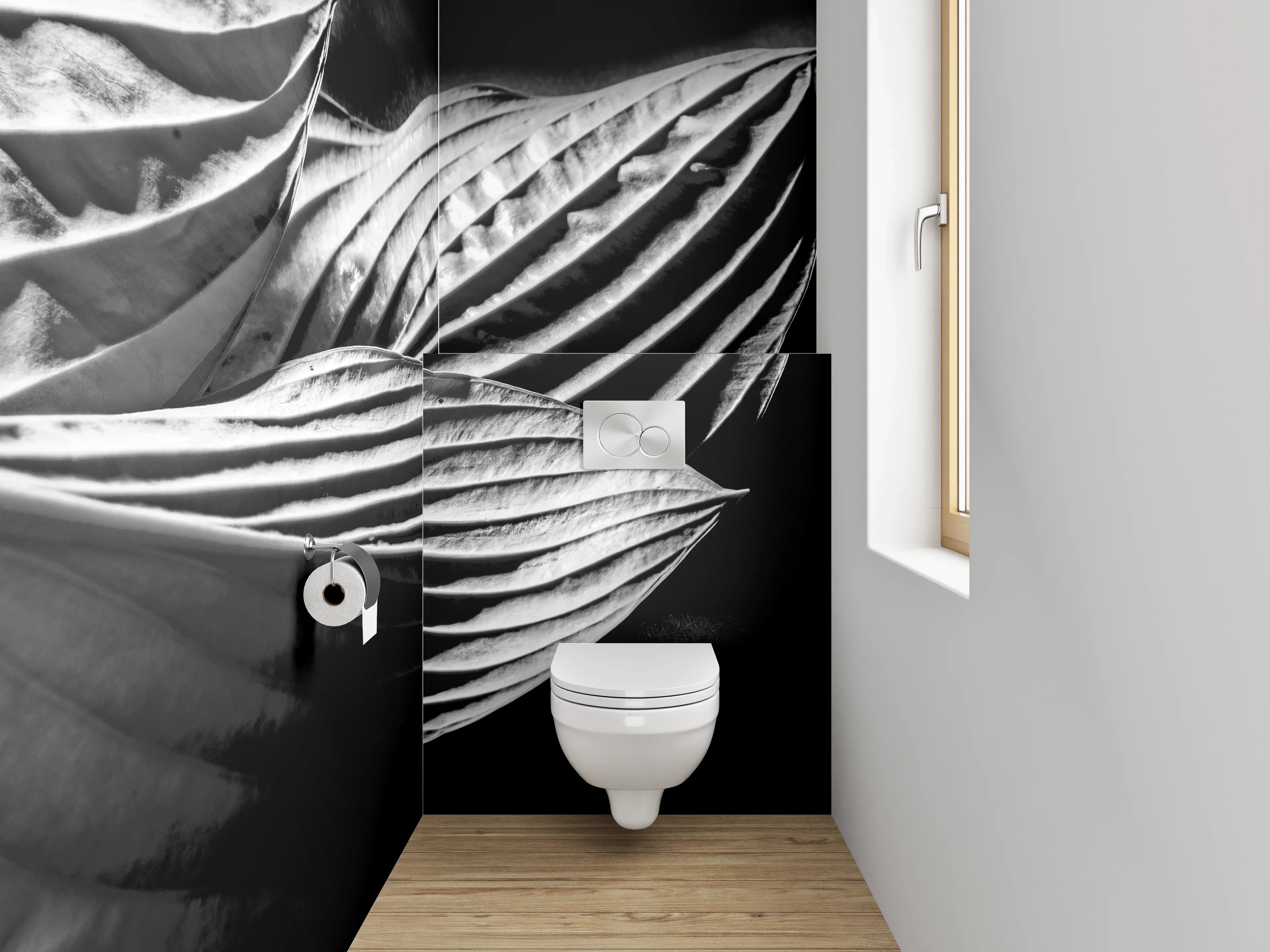 WC-Rückwand - Schwarz-weißes Blattmuster Fotokunst