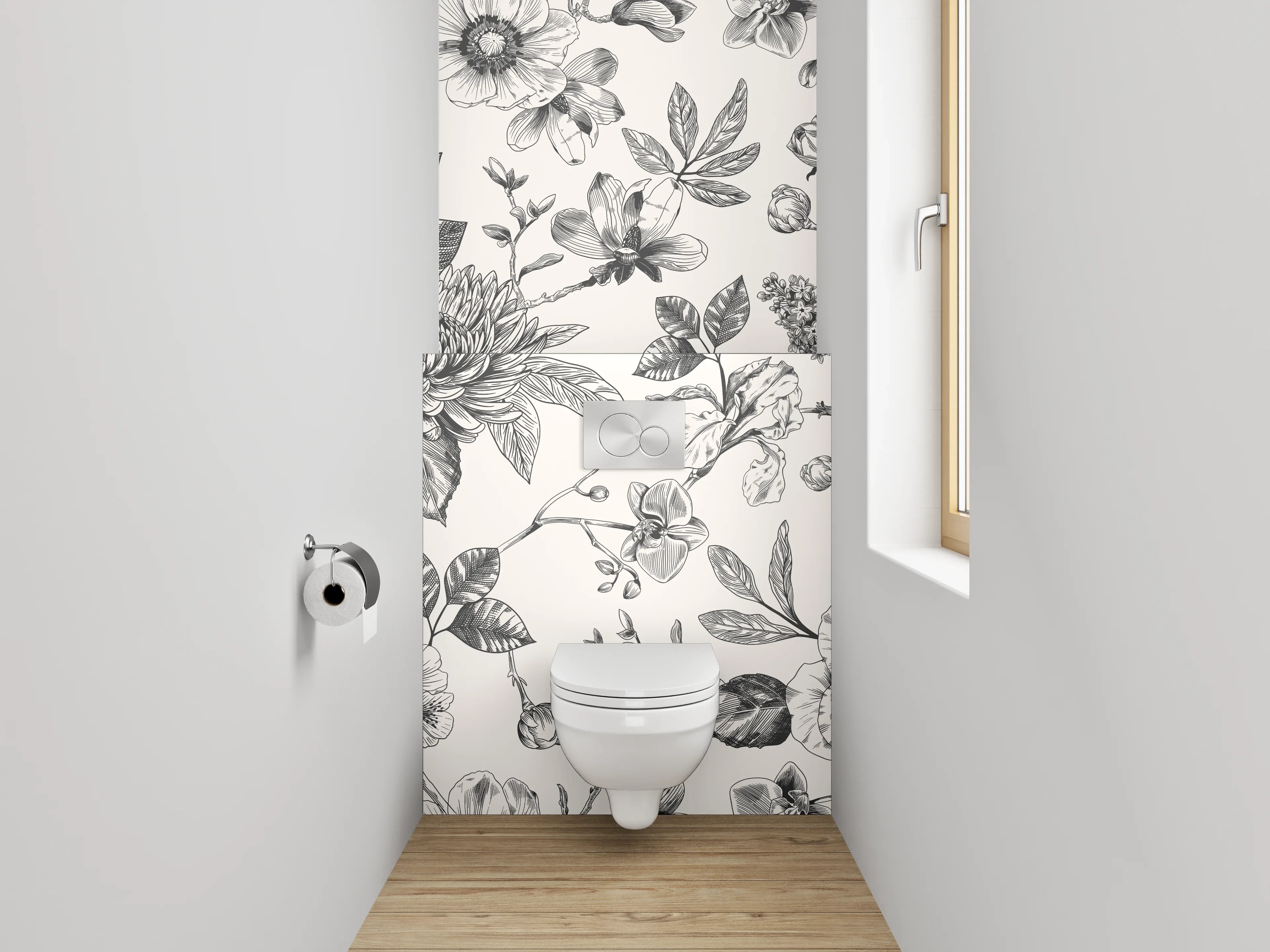 WC-Rückwand - Schwarz-weißes Blumenmuster Vintage Elegant