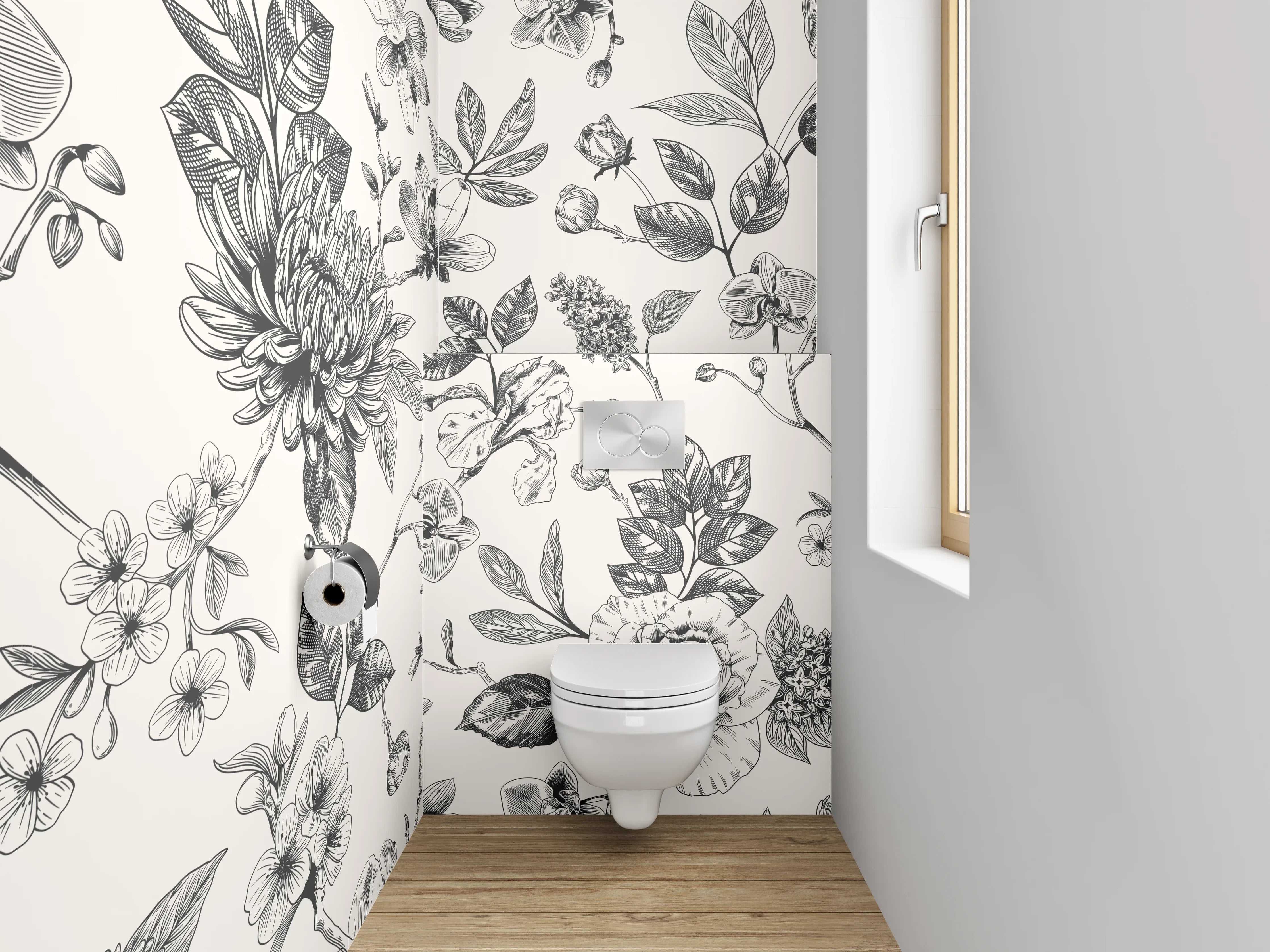 WC-Rückwand - Schwarz-weißes Blumenmuster Vintage Elegant