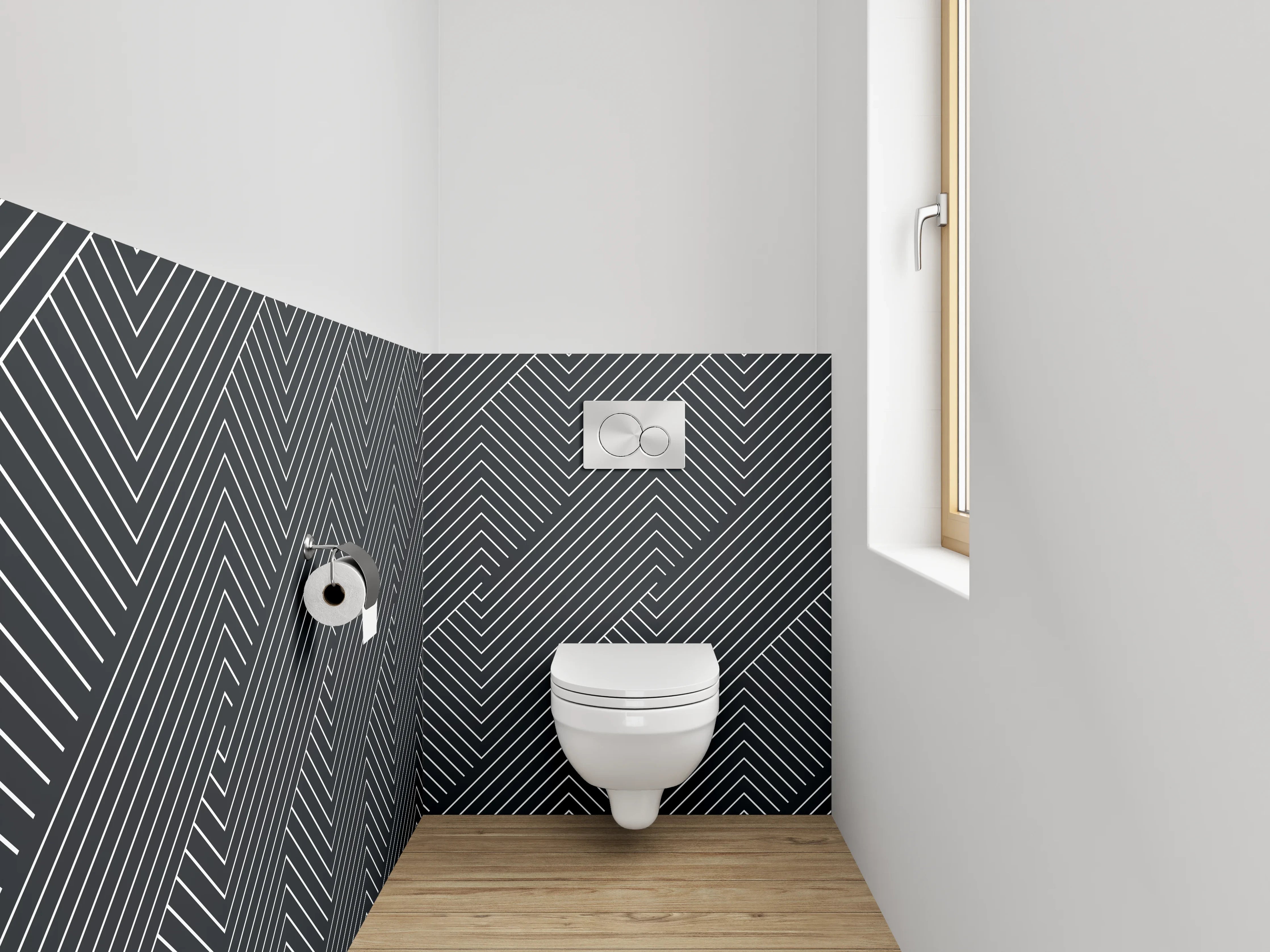 WC-Rückwand - Schwarz-weißes Linienmuster modern