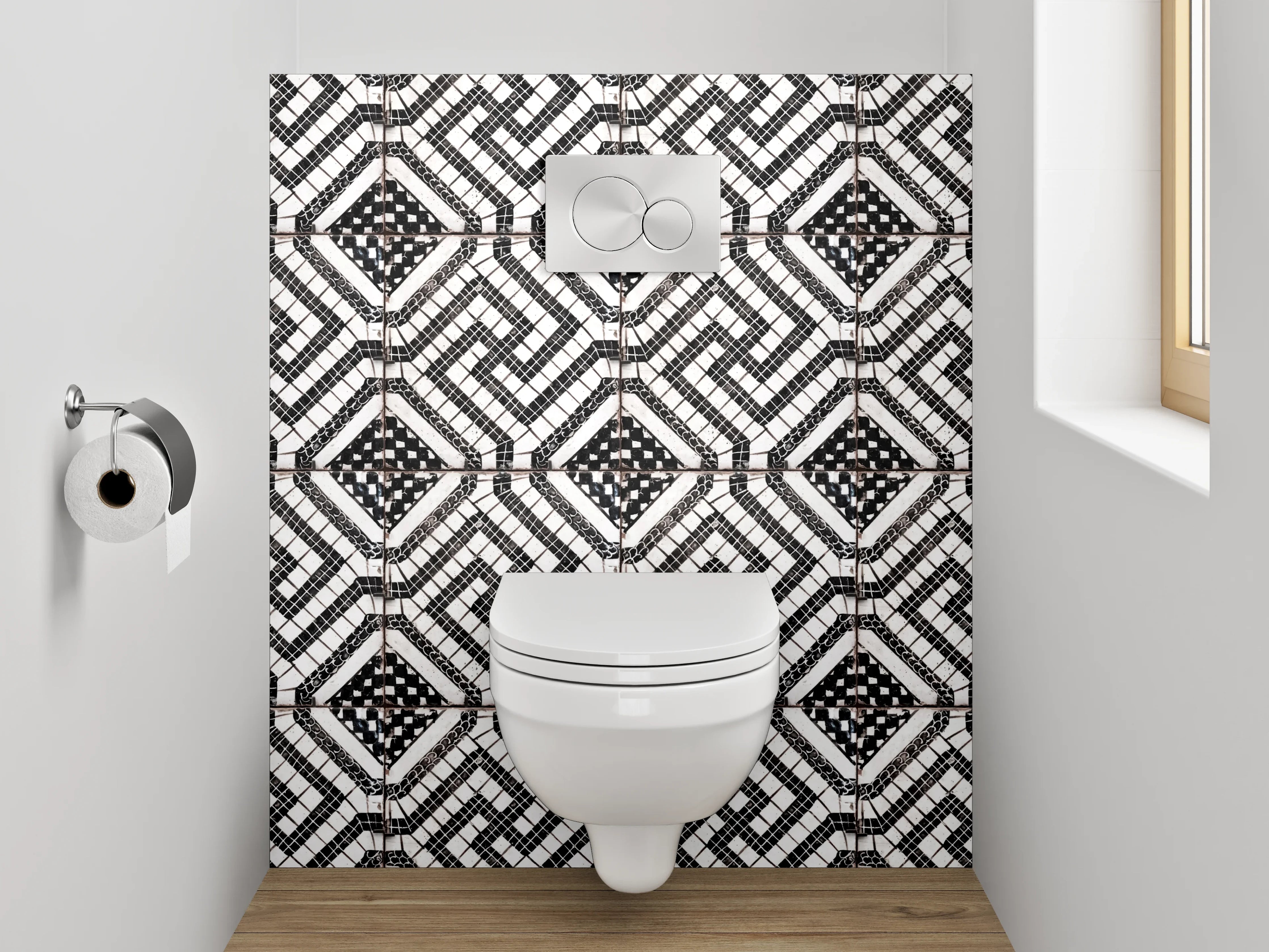 WC-Rückwand - Schwarz-weißes geometrisches Mosaikmuster
