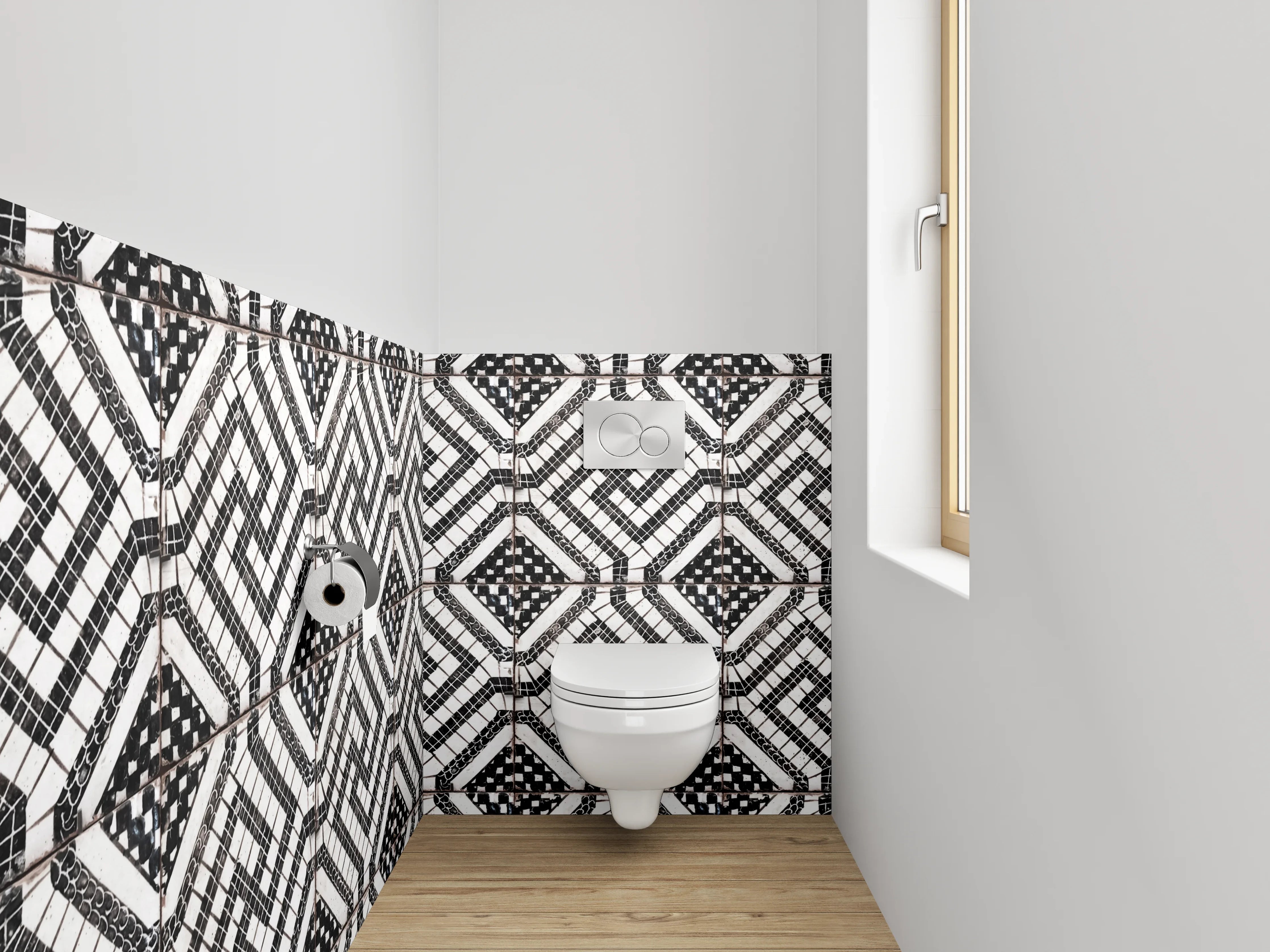 WC-Rückwand - Schwarz-weißes geometrisches Mosaikmuster