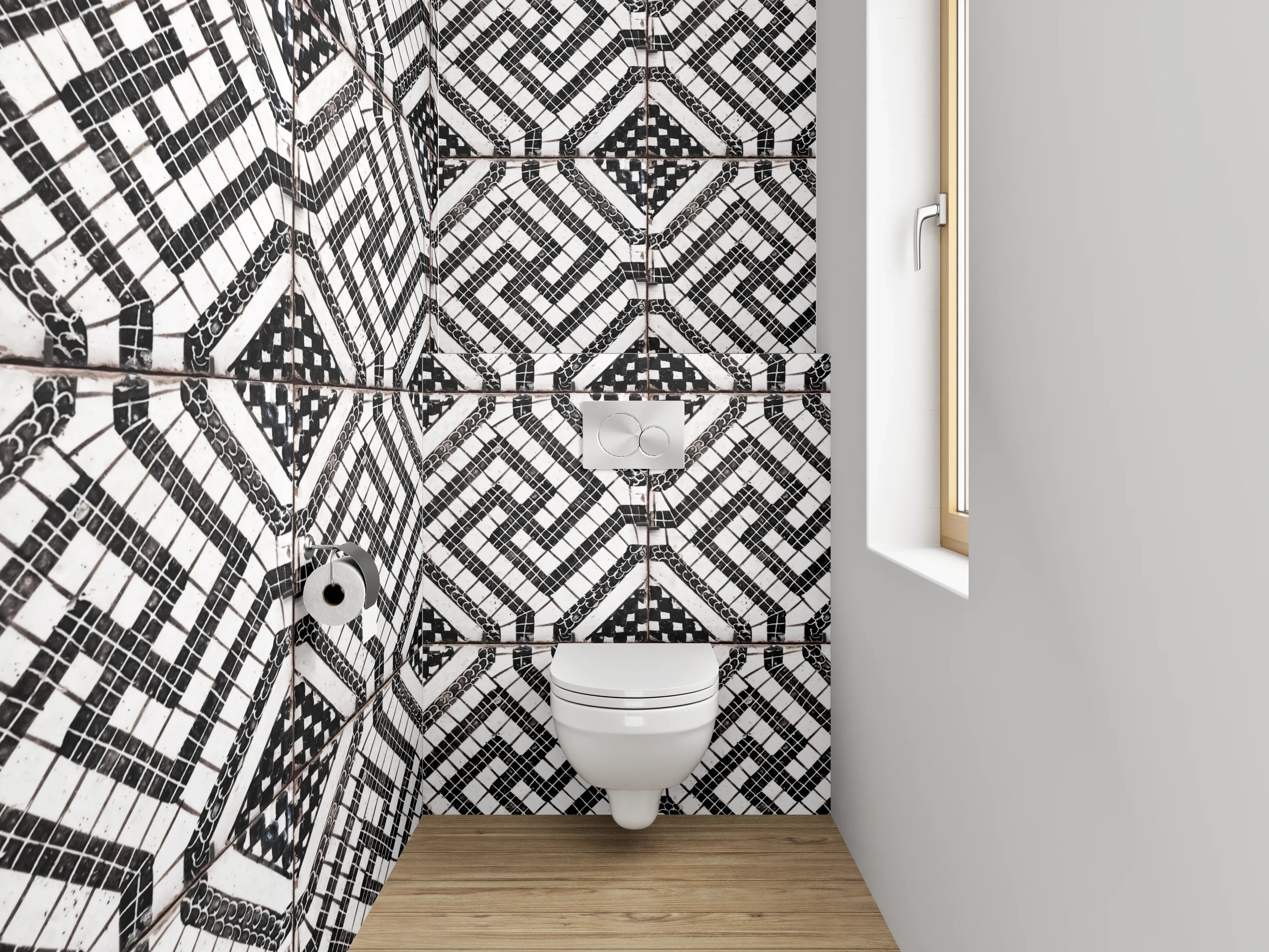 WC-Rückwand - Schwarz-weißes geometrisches Mosaikmuster