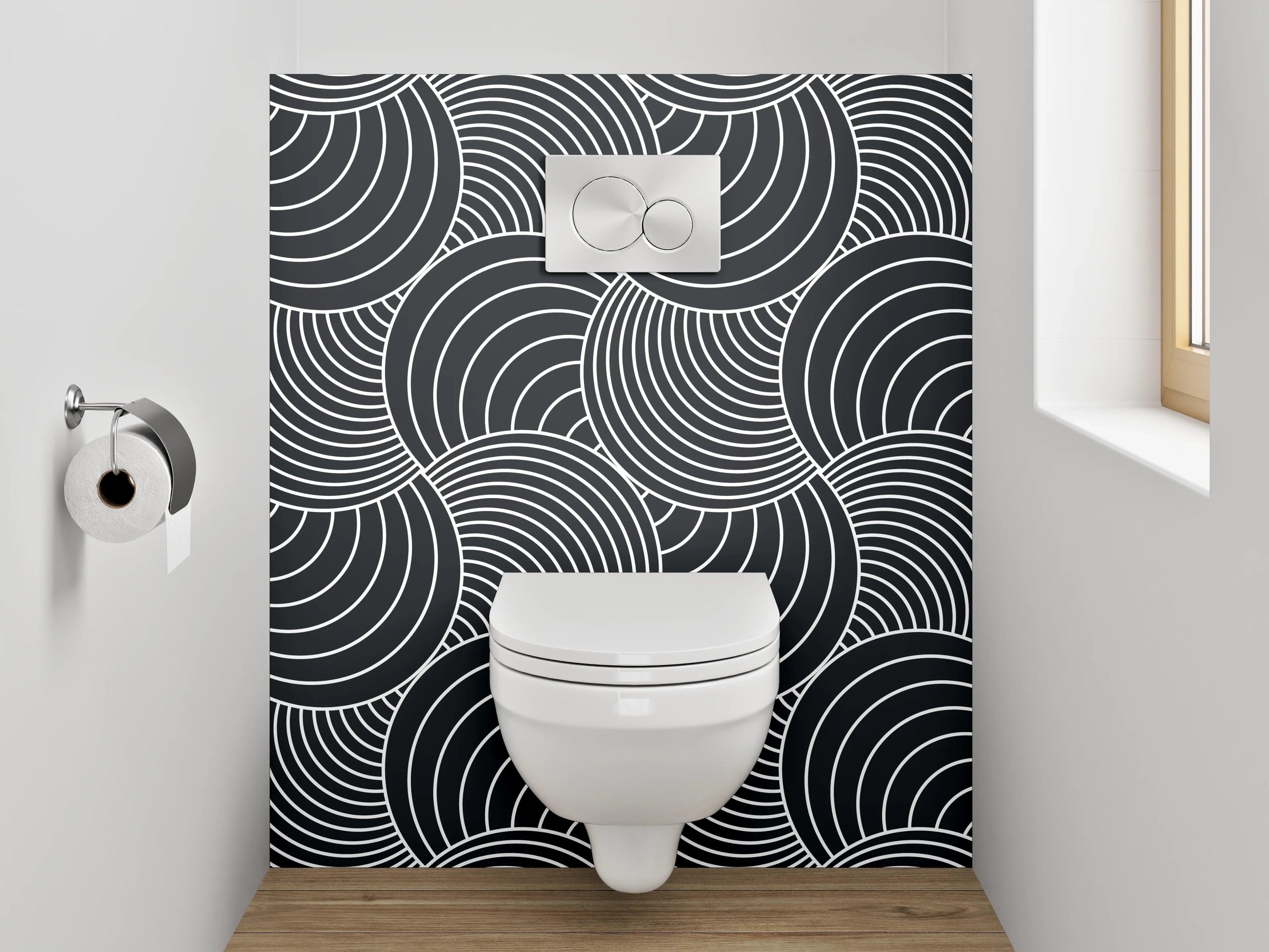 WC-Rückwand - Schwarz-weißes geometrisches Wellenmuster