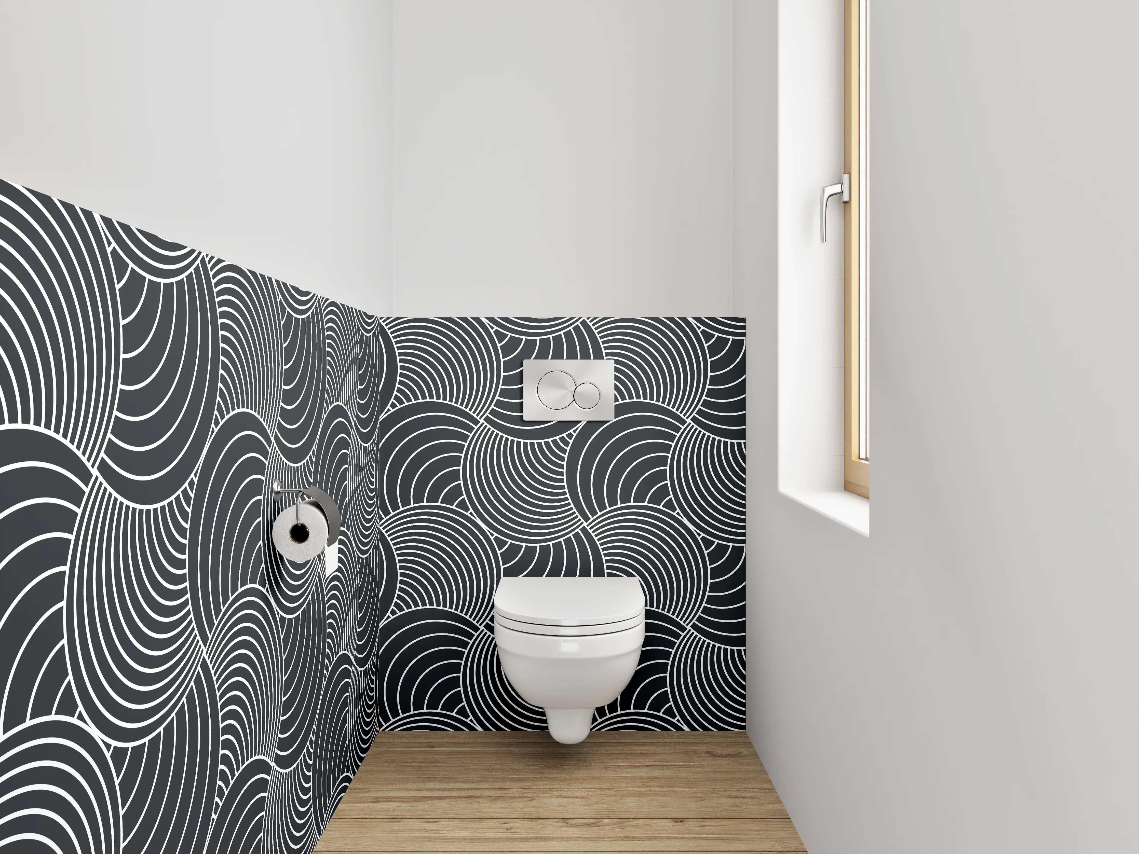 WC-Rückwand - Schwarz-weißes geometrisches Wellenmuster