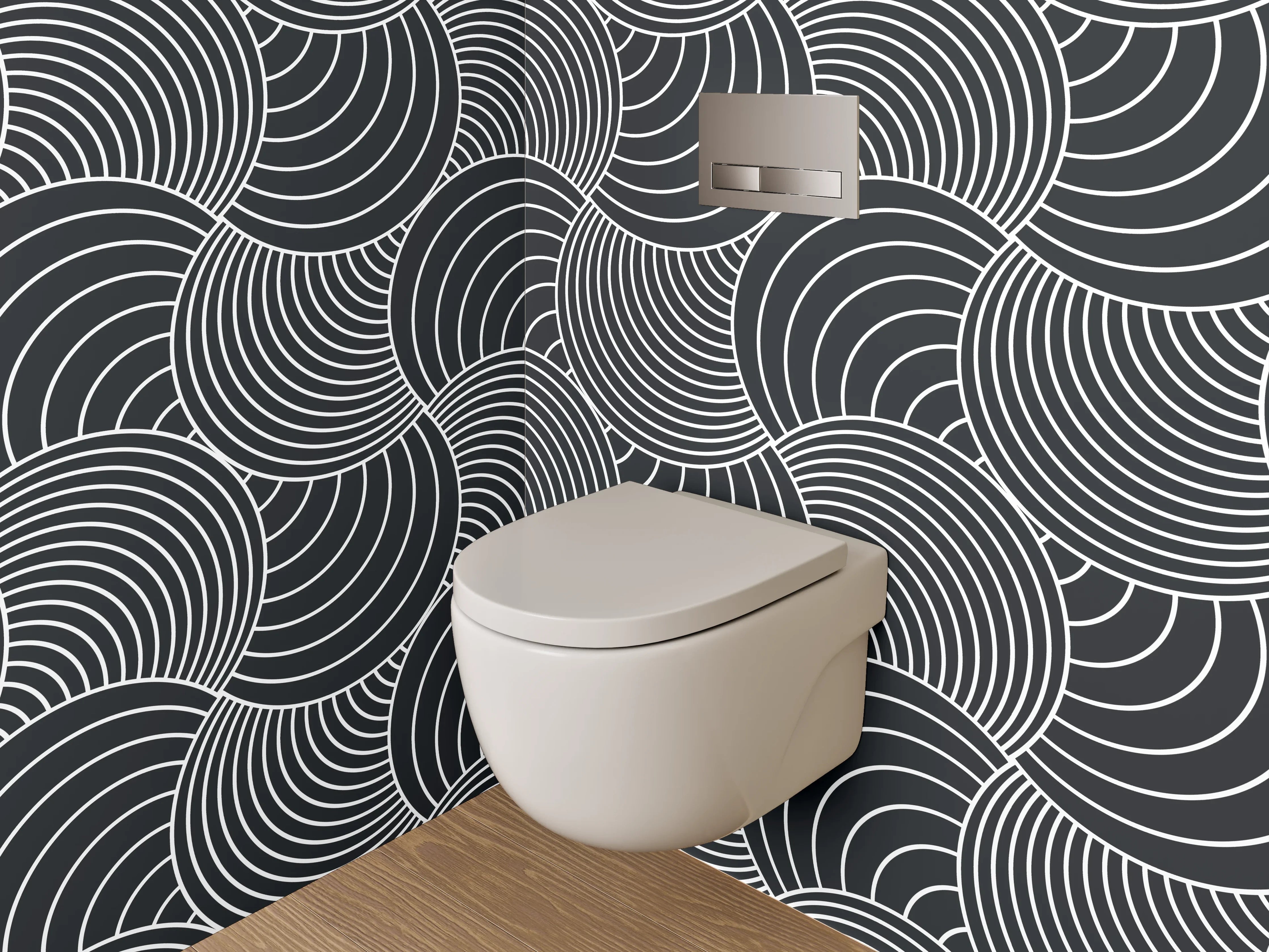 WC-Rückwand - Schwarz-weißes geometrisches Wellenmuster