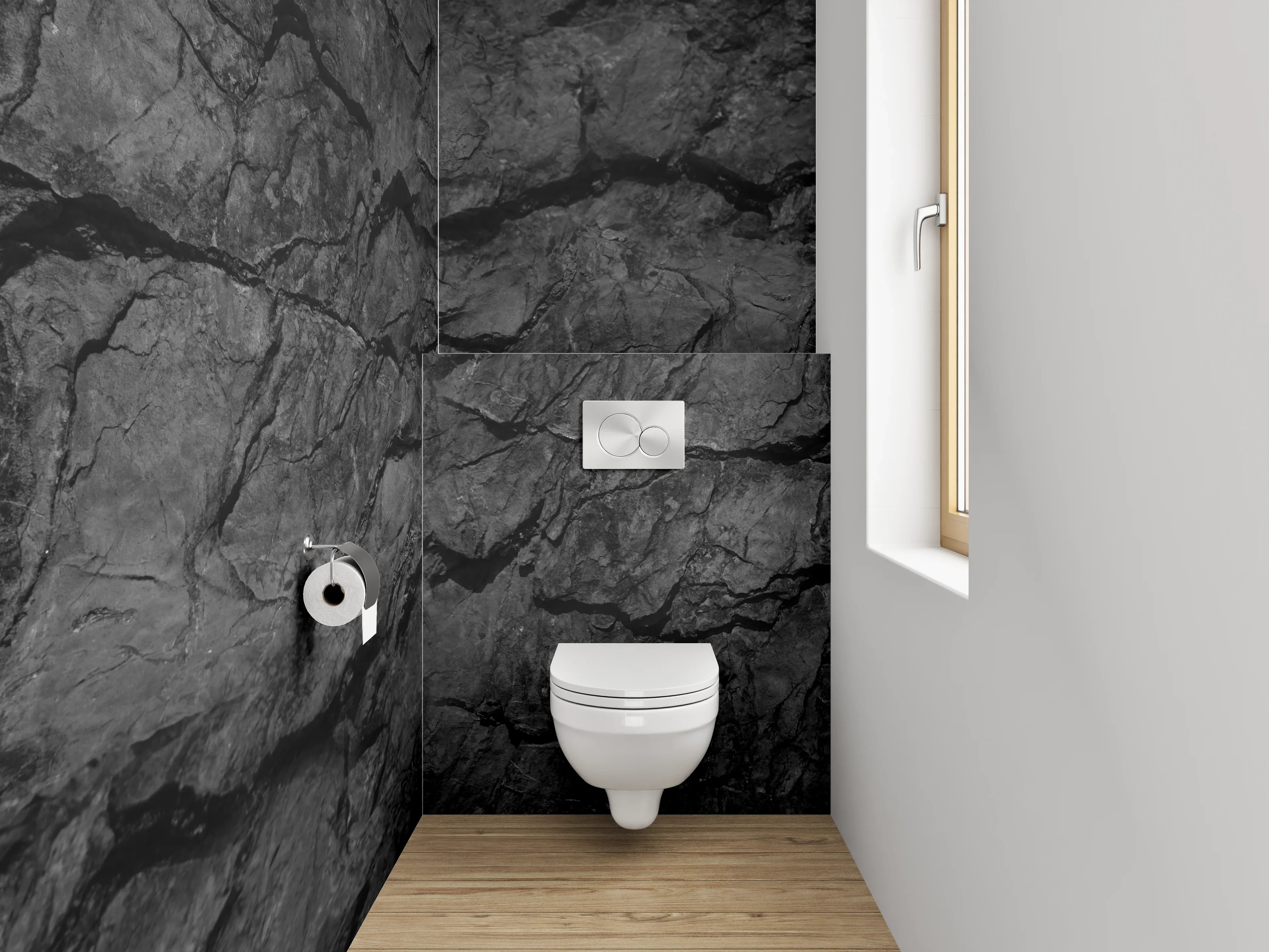 WC-Rückwand - Schwarze Felsstruktur