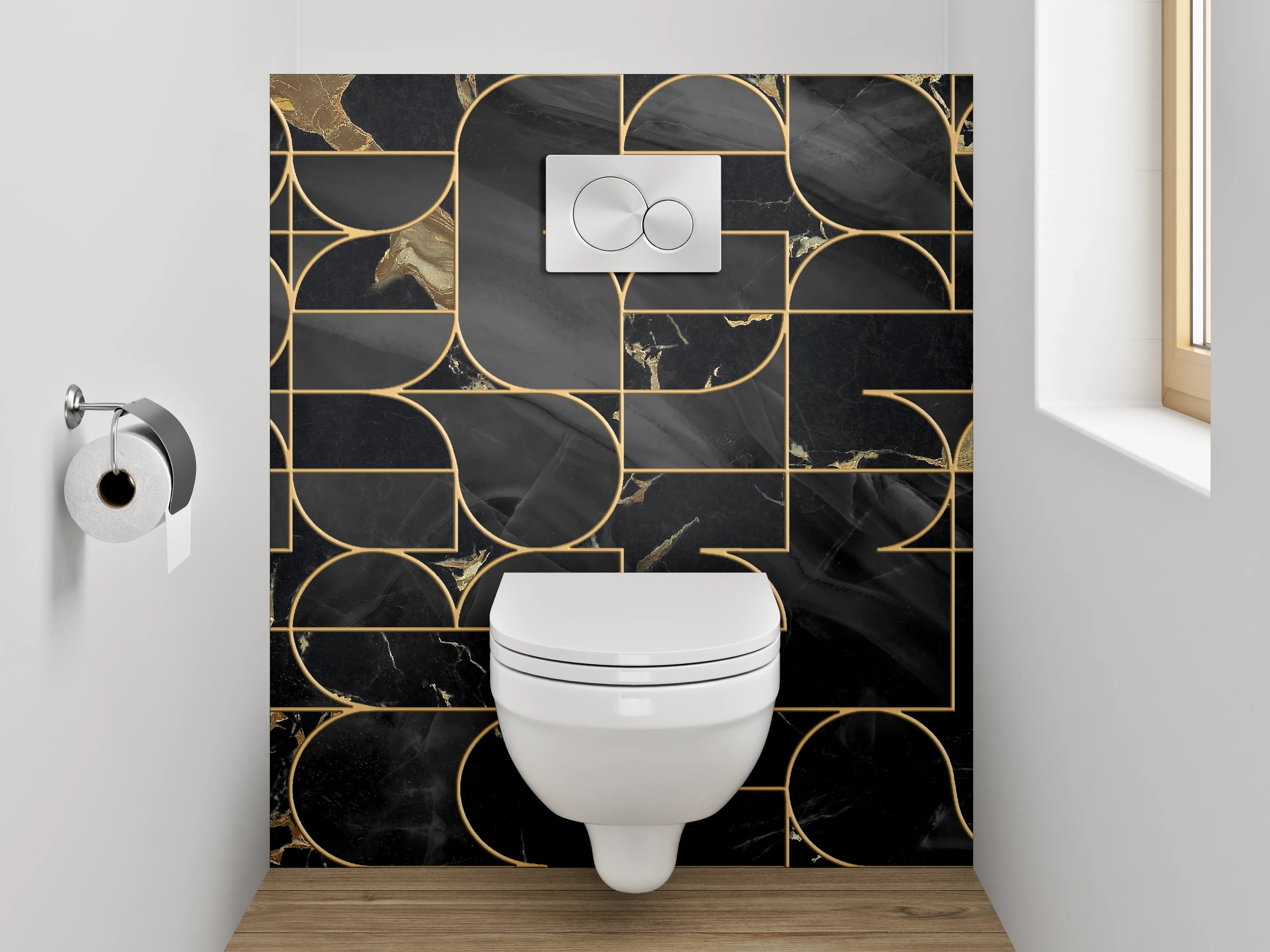 WC-Rückwand - Schwarze Marmor-Gold Geometrie