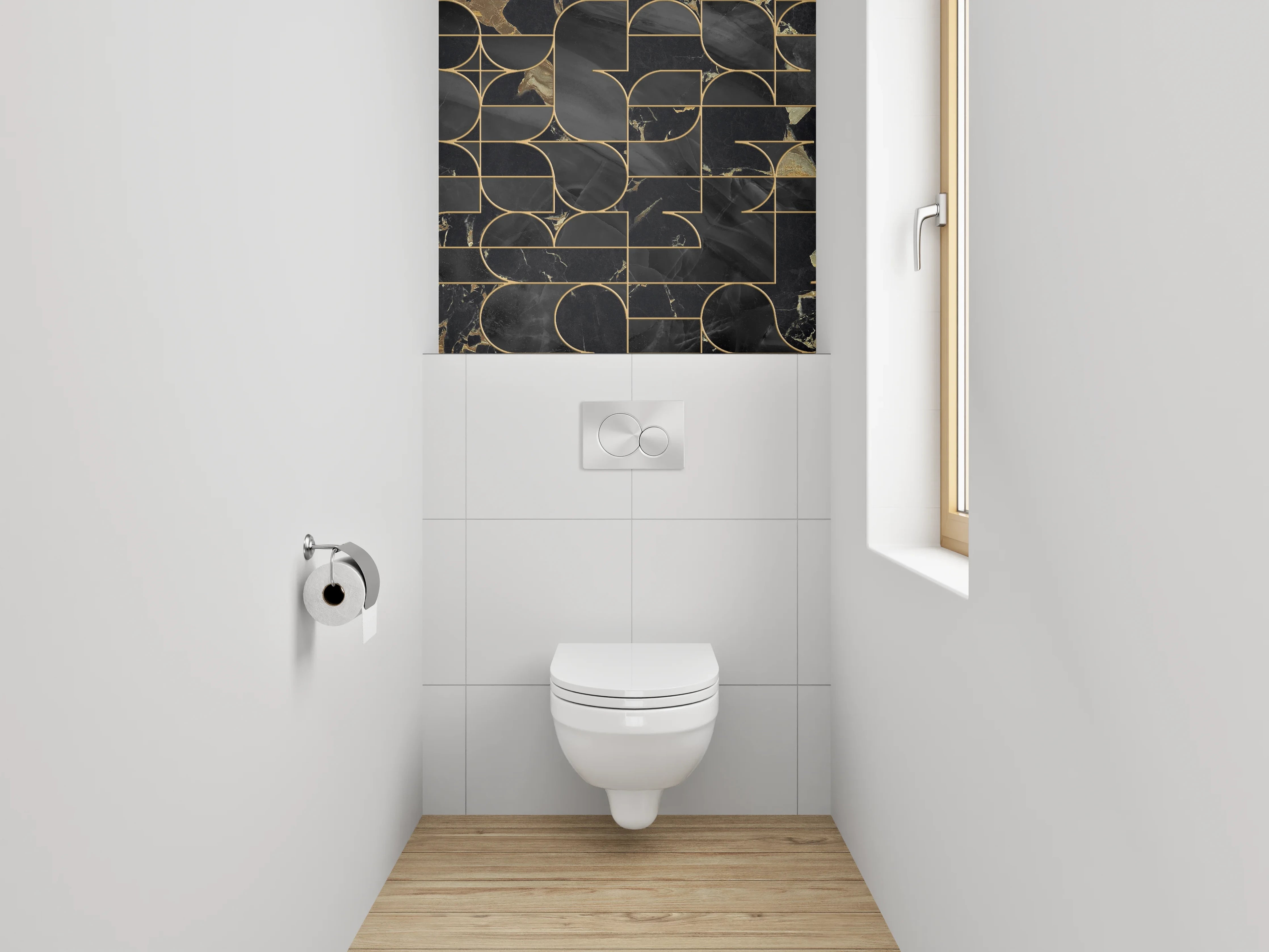 WC-Rückwand - Schwarze Marmor-Gold Geometrie