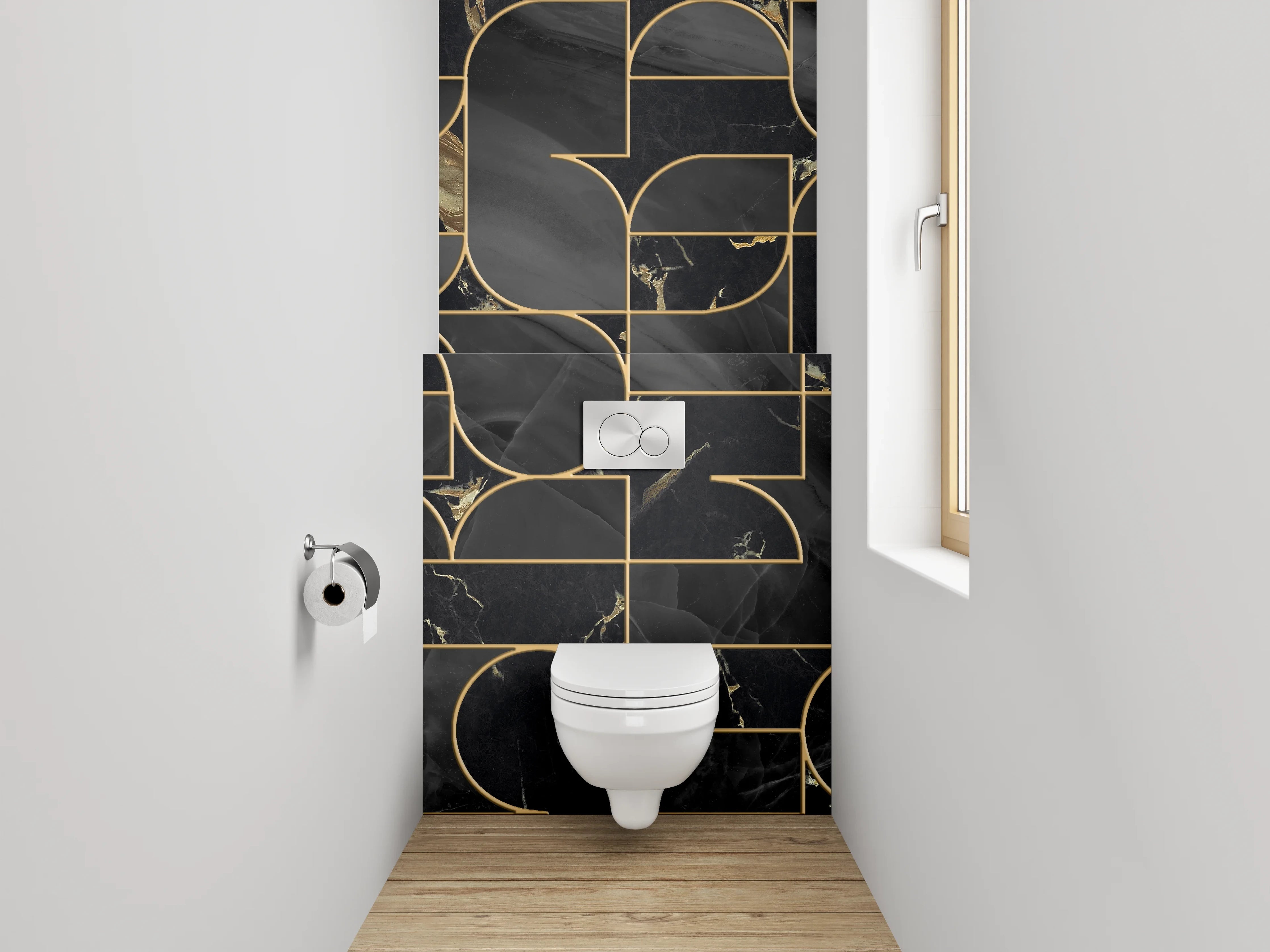 WC-Rückwand - Schwarze Marmor-Gold Geometrie