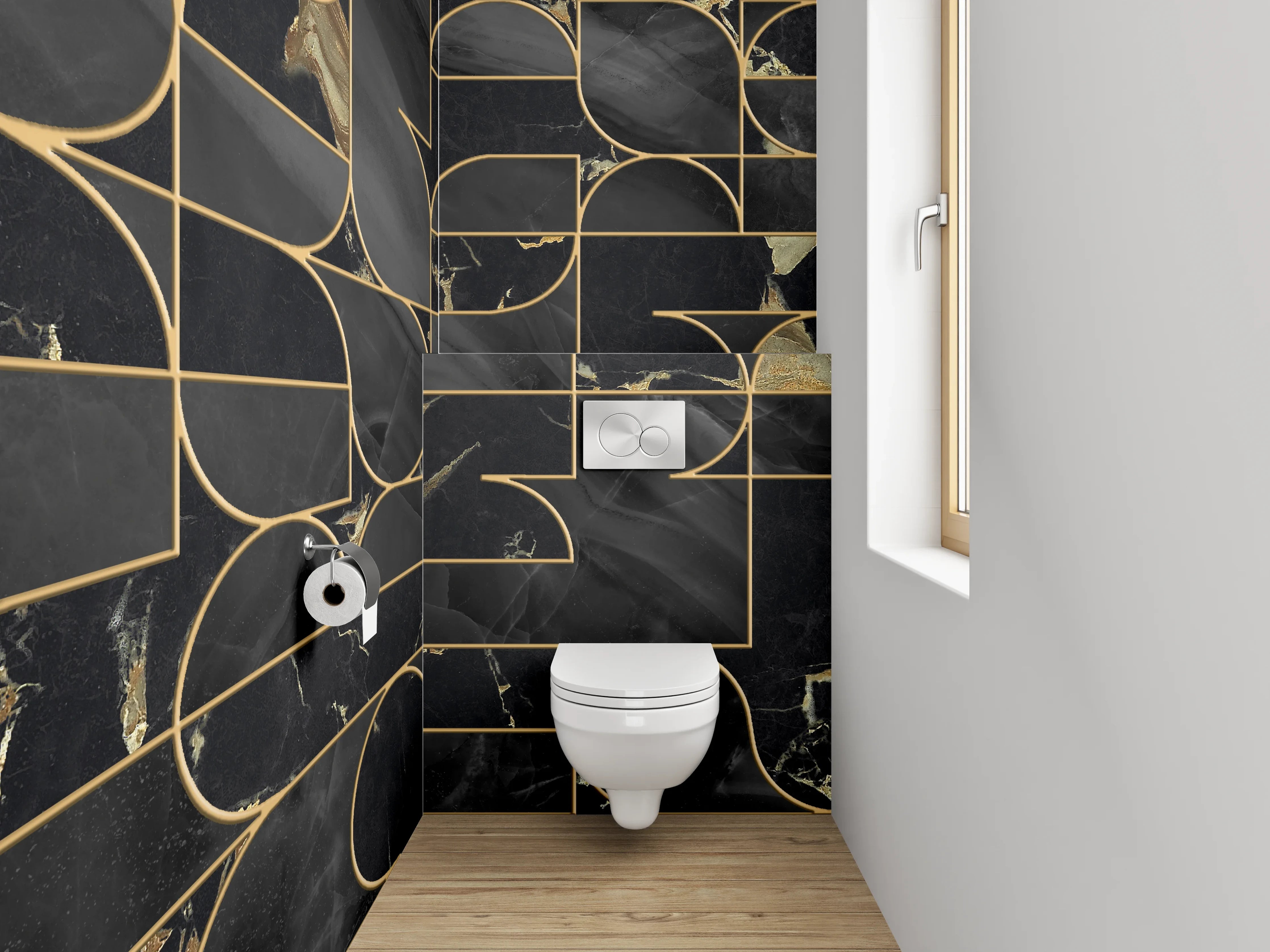 WC-Rückwand - Schwarze Marmor-Gold Geometrie