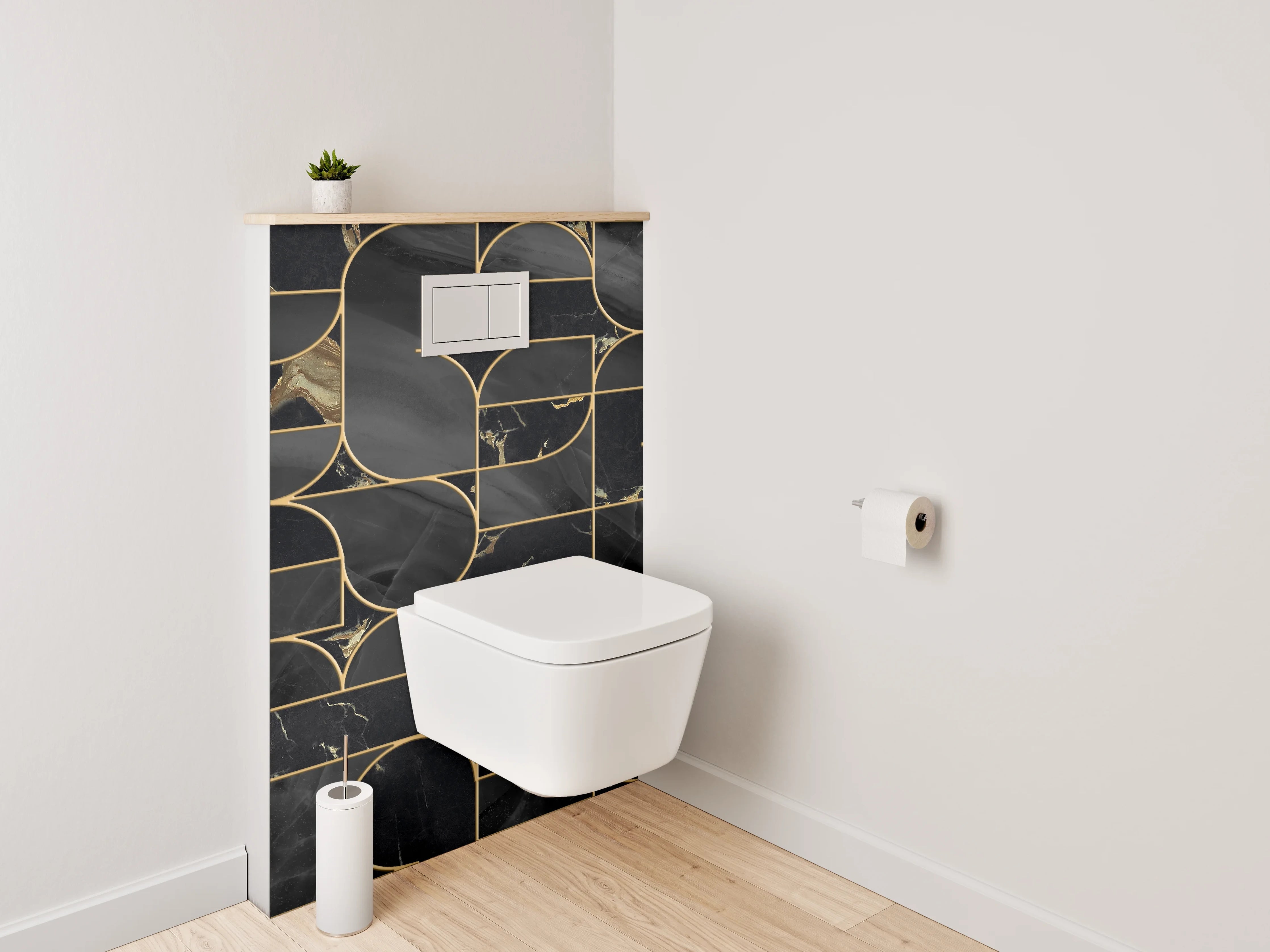 WC-Rückwand - Schwarze Marmor-Gold Geometrie