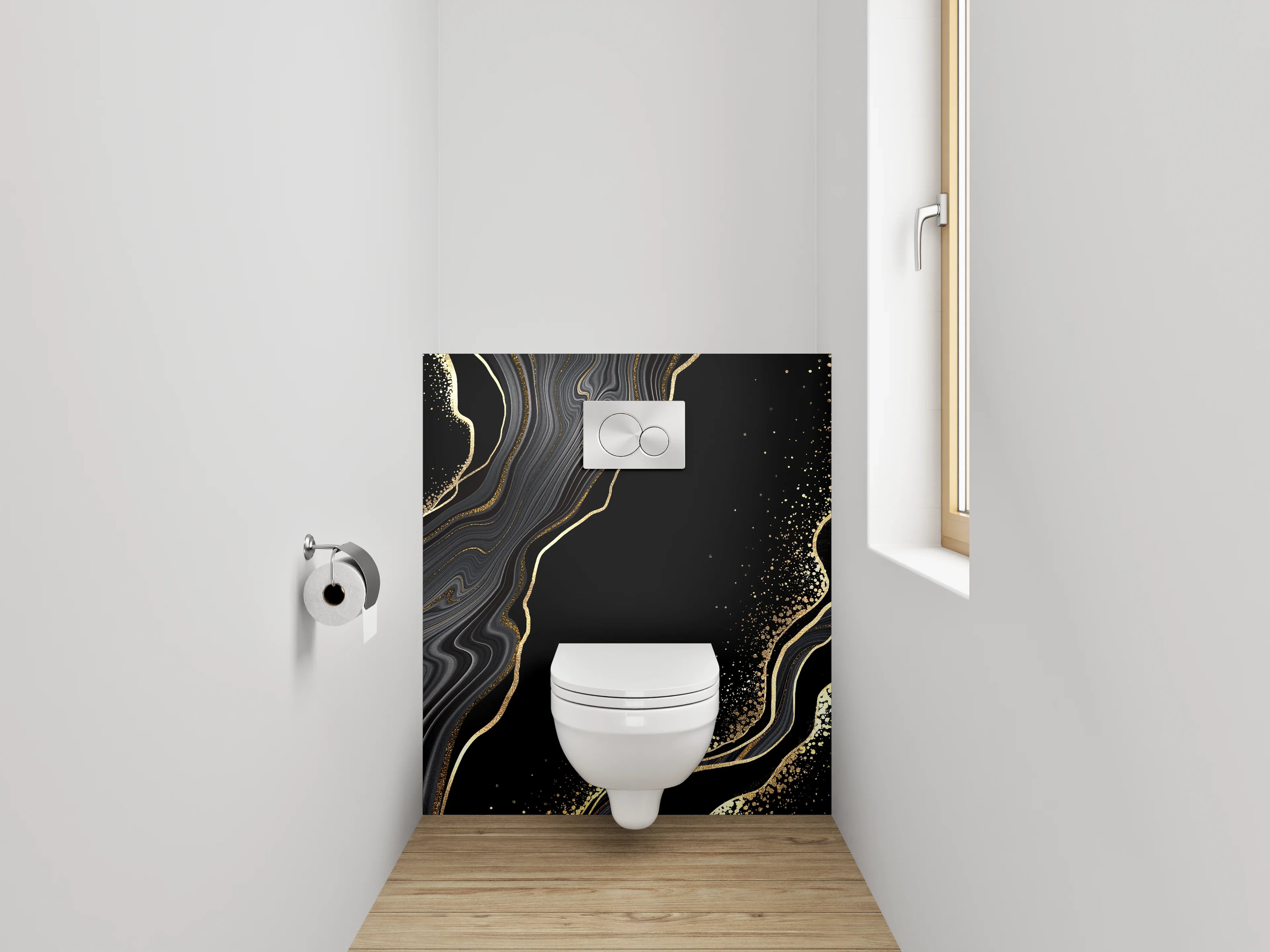 WC-Rückwand - Schwarze Marmor-Optik mit Goldakzenten