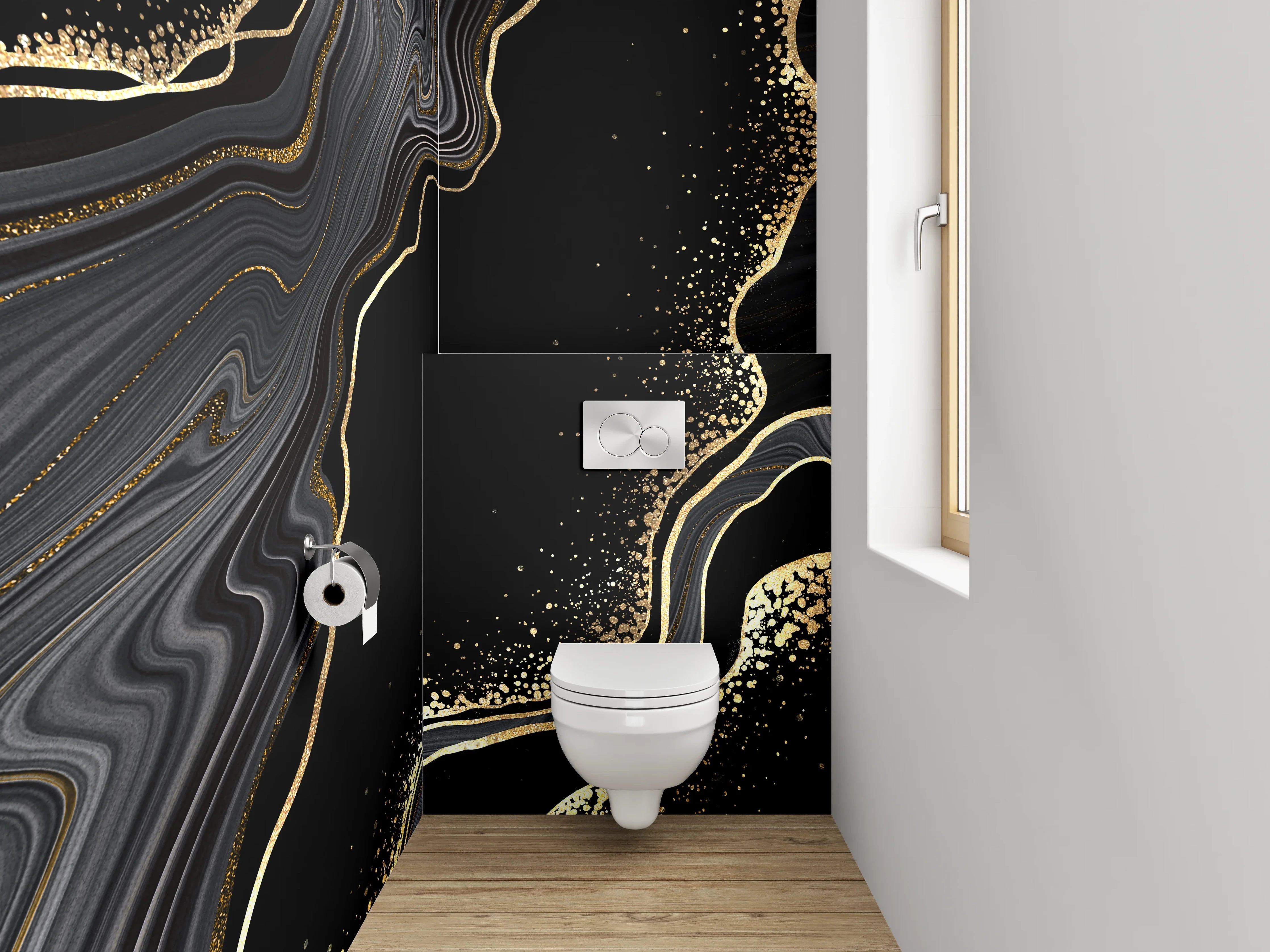 WC-Rückwand - Schwarze Marmor-Optik mit Goldakzenten