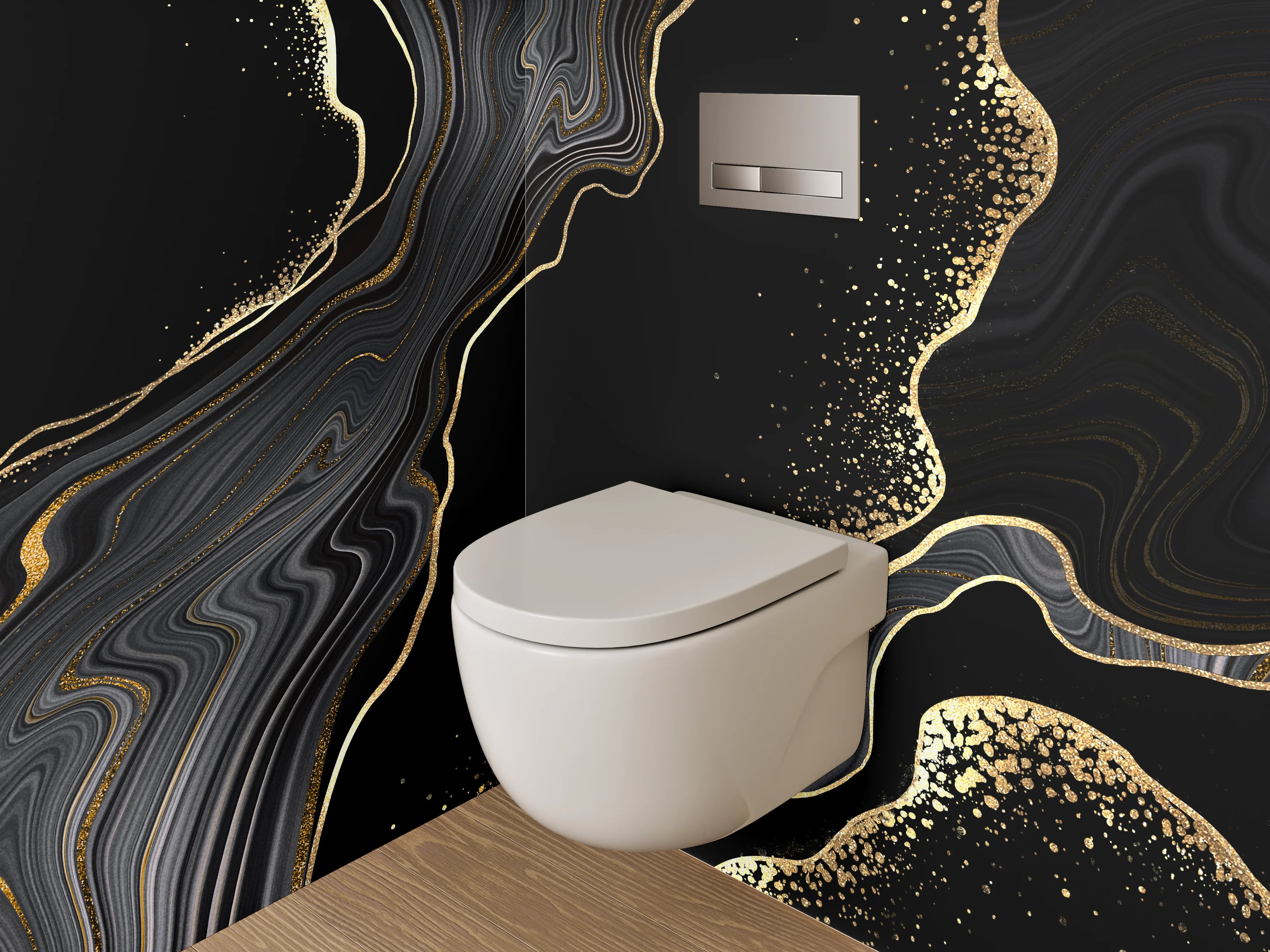 WC-Rückwand - Schwarze Marmor-Optik mit Goldakzenten