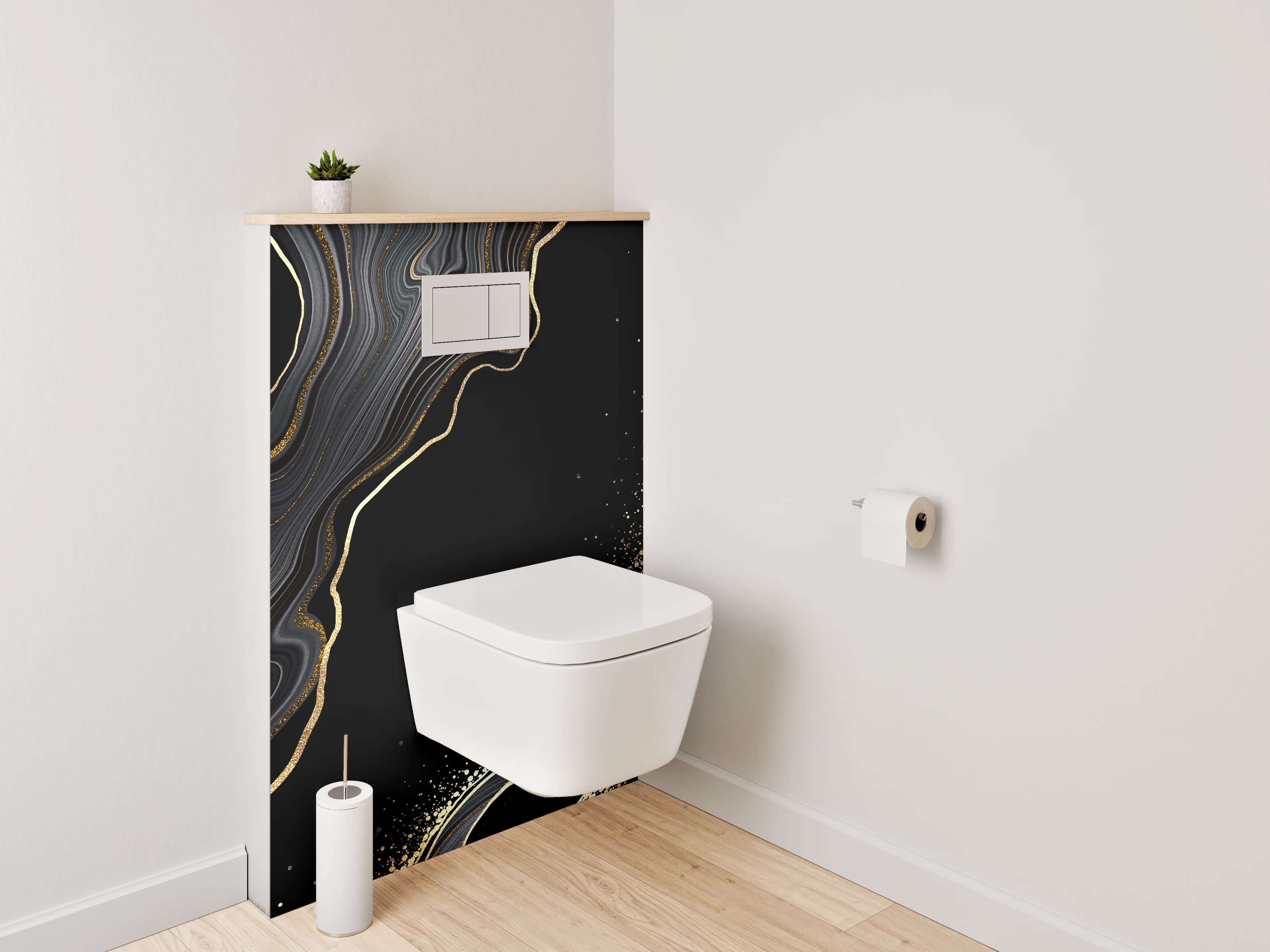 WC-Rückwand - Schwarze Marmor-Optik mit Goldakzenten