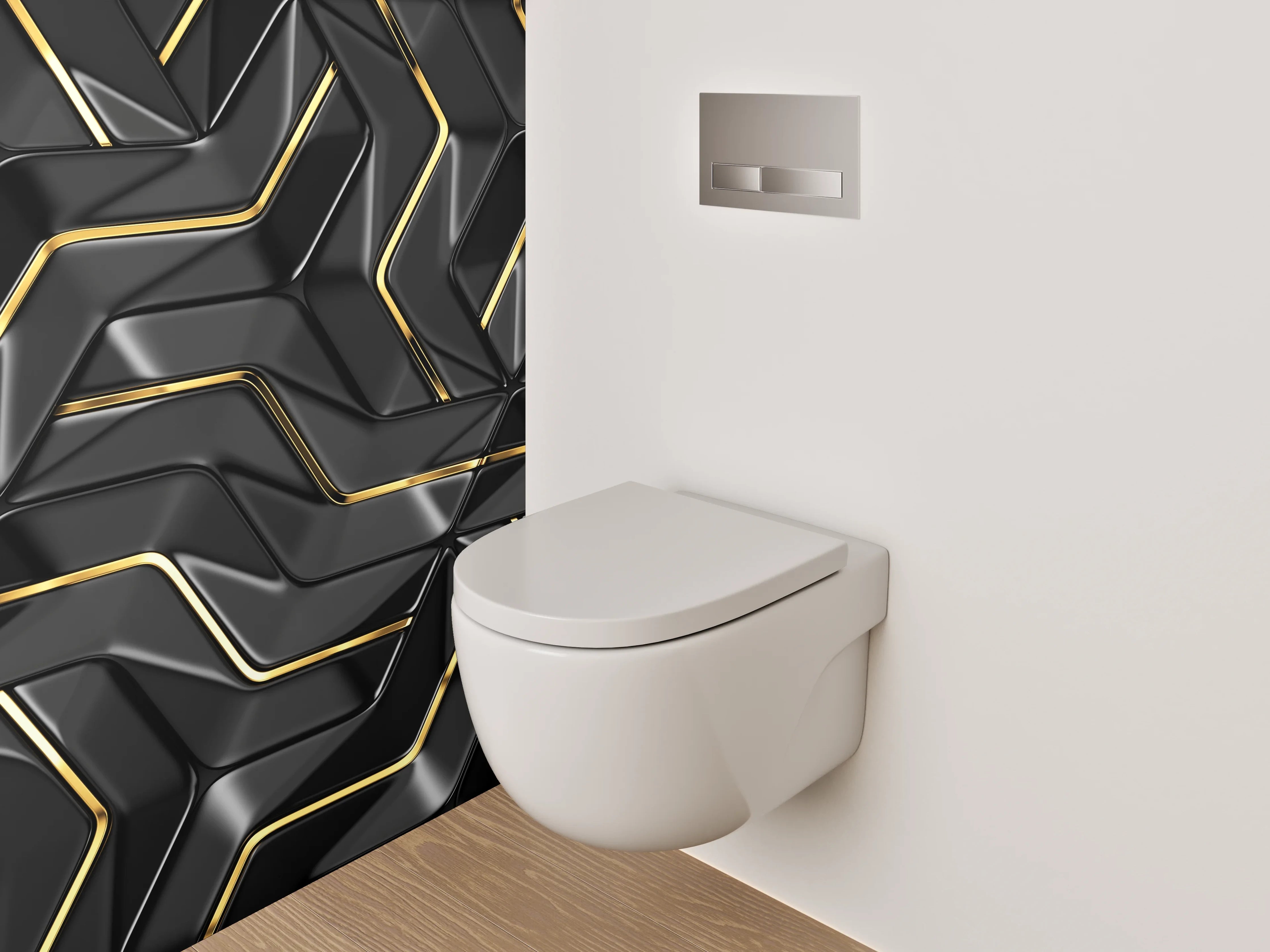 WC-Rückwand - Schwarze geometrische Muster mit Goldakzent