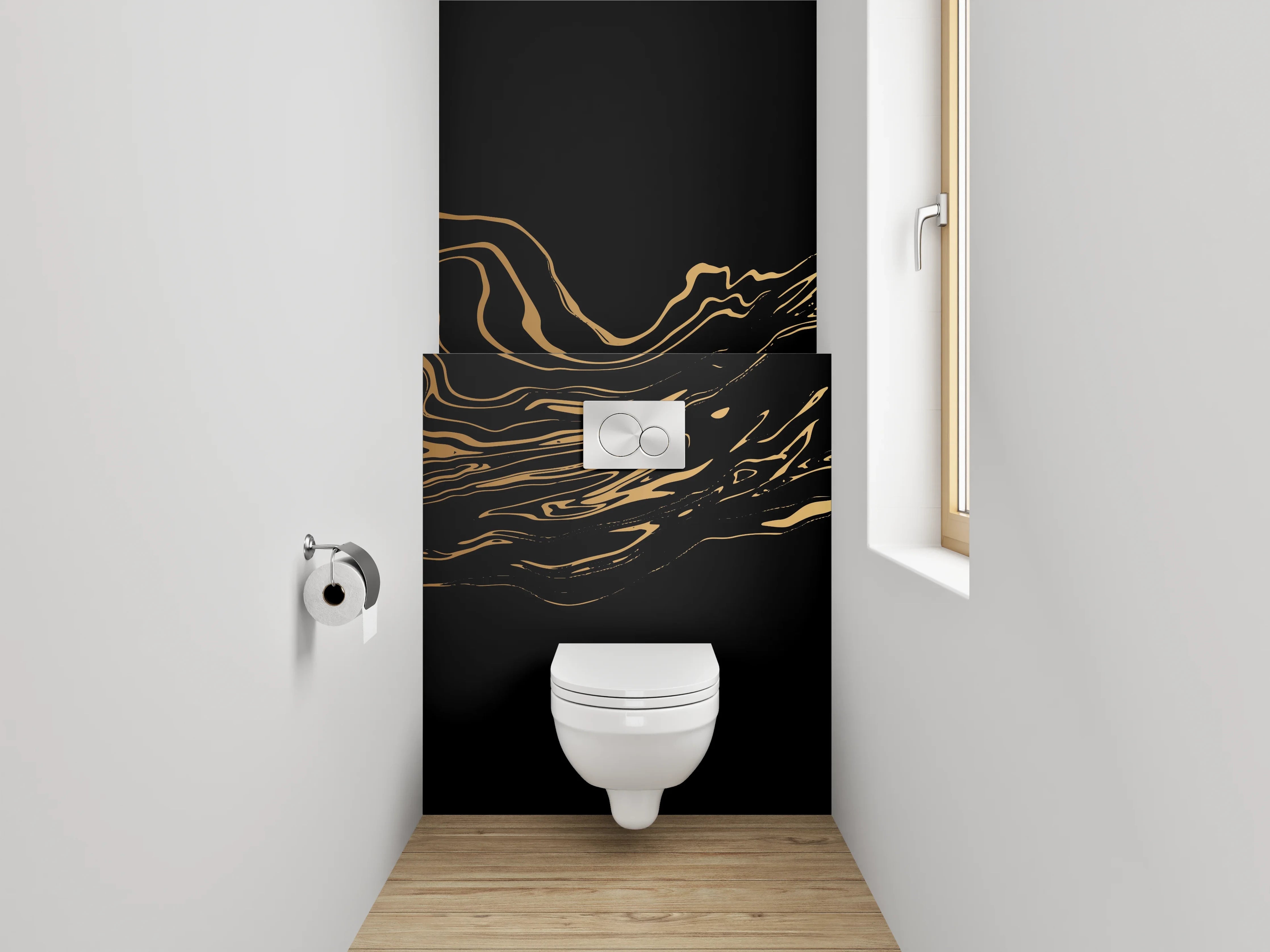 WC-Rückwand - Schwarze goldene abstrakte Kunstwellen
