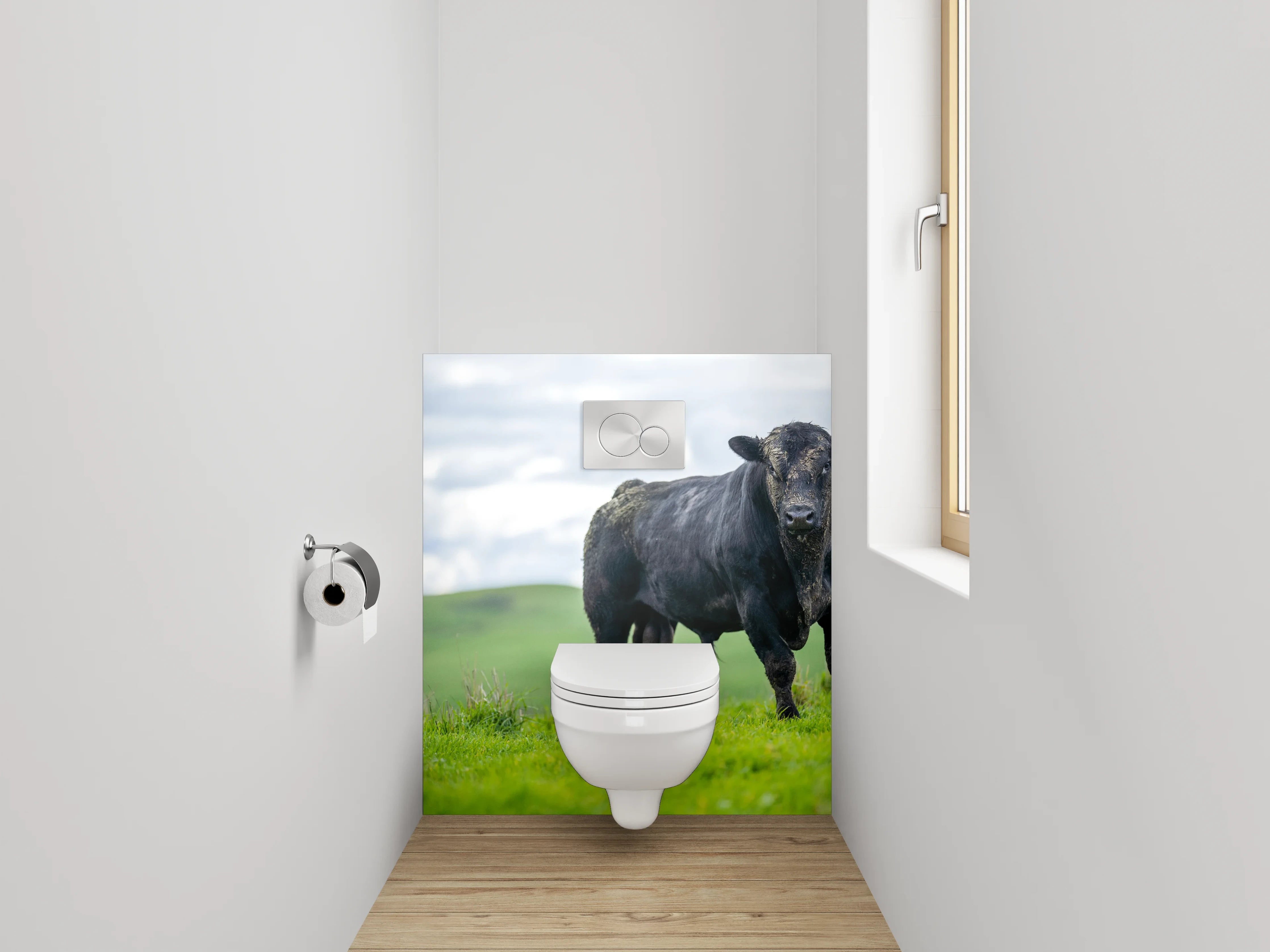 WC-Rückwand - Schwarzer Bulle auf grüner Weide