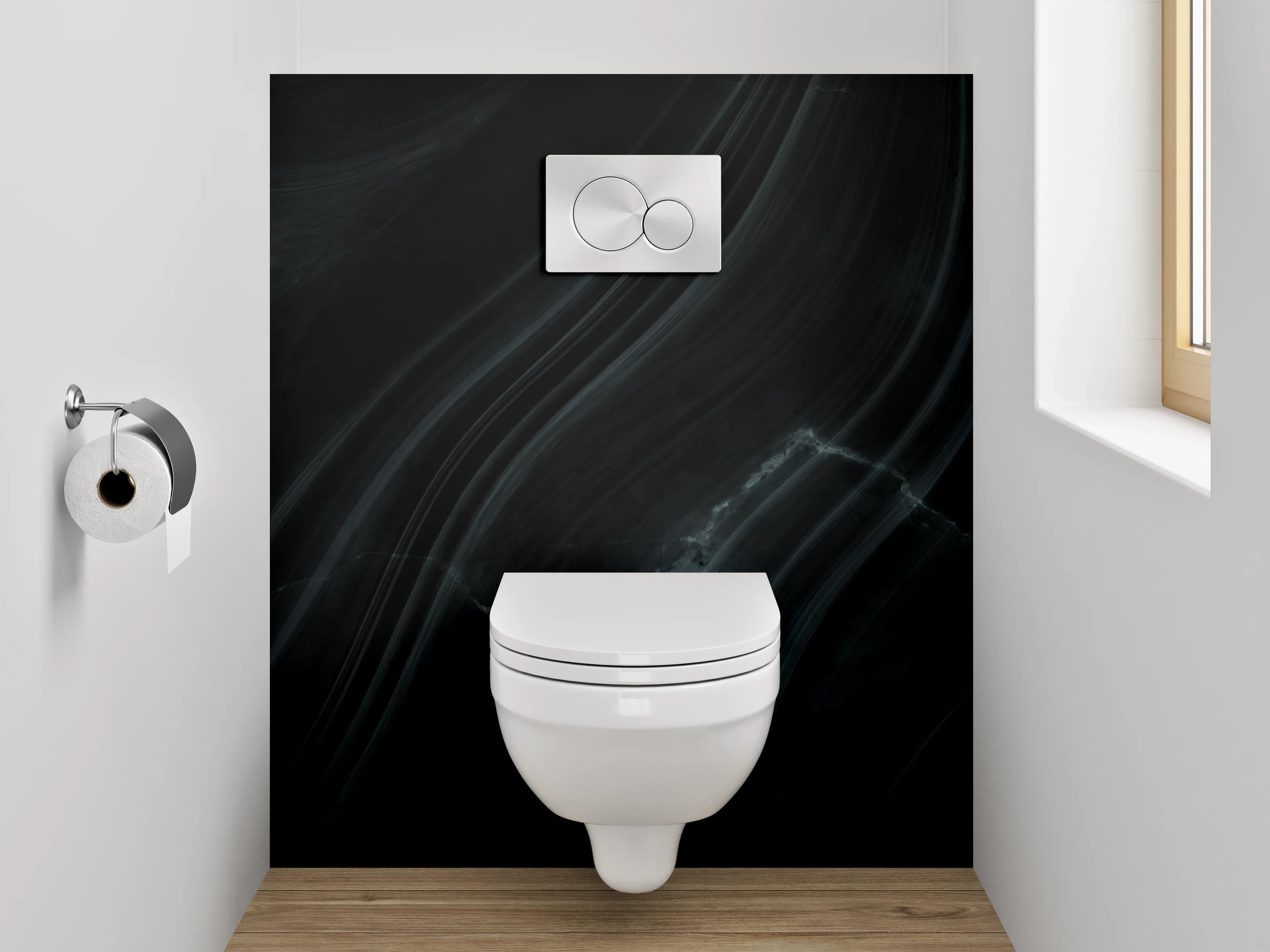 WC-Rückwand - Schwarzer Marmor mit abstrakten Linien