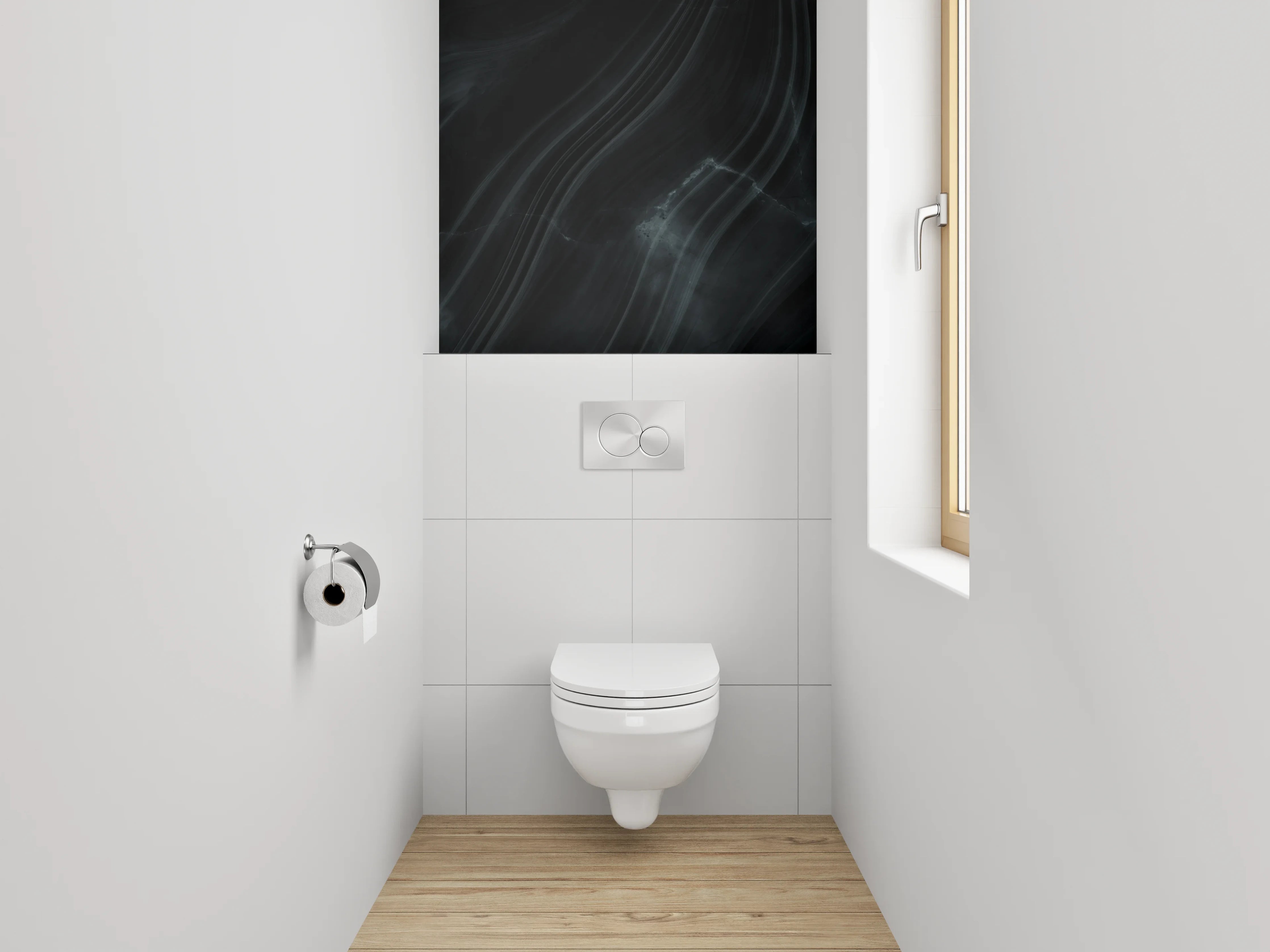 WC-Rückwand - Schwarzer Marmor mit abstrakten Linien