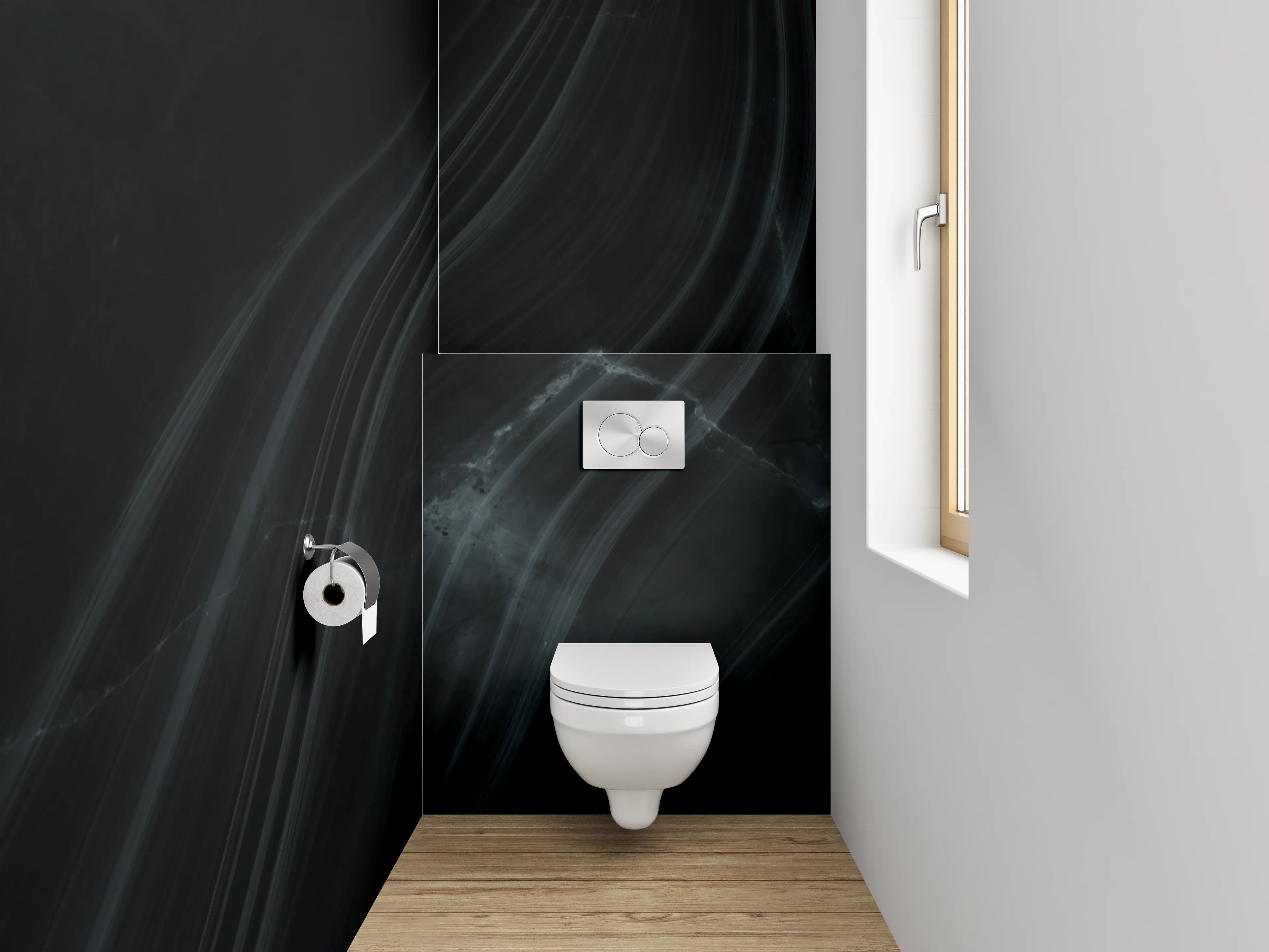 WC-Rückwand - Schwarzer Marmor mit abstrakten Linien