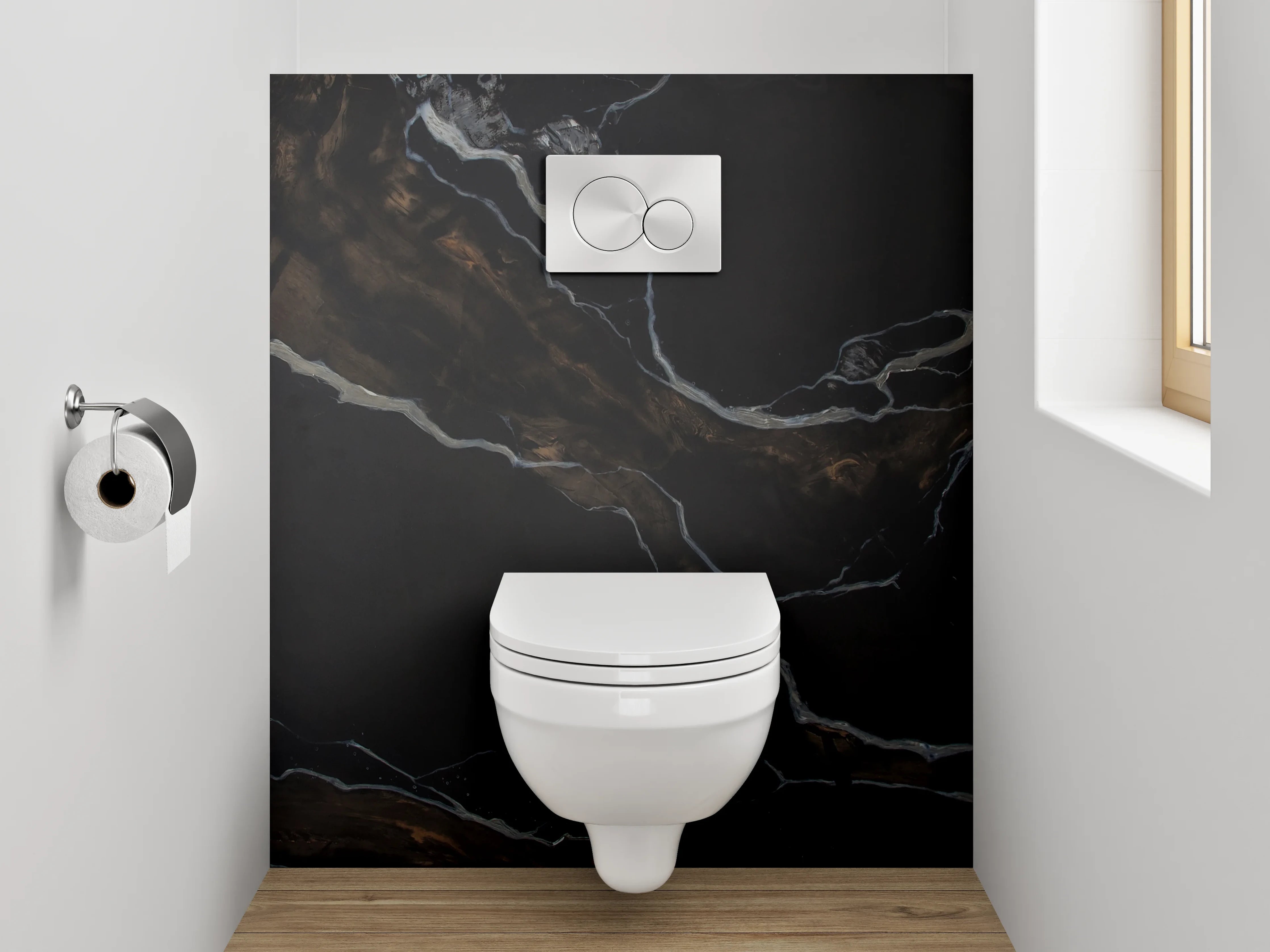 WC-Rückwand - Schwarzer Marmor mit goldbrauner Aderung