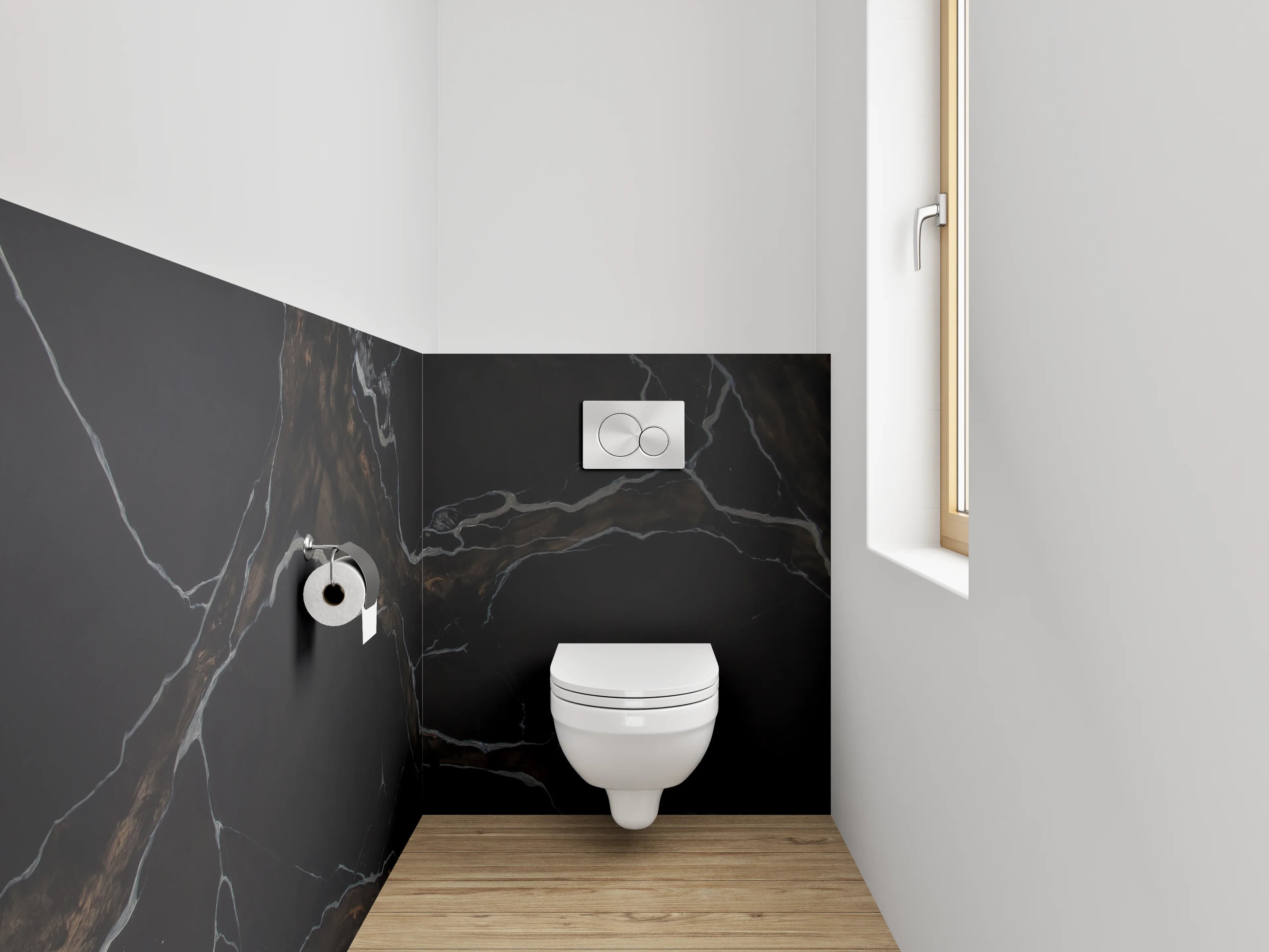 WC-Rückwand - Schwarzer Marmor mit goldbrauner Aderung