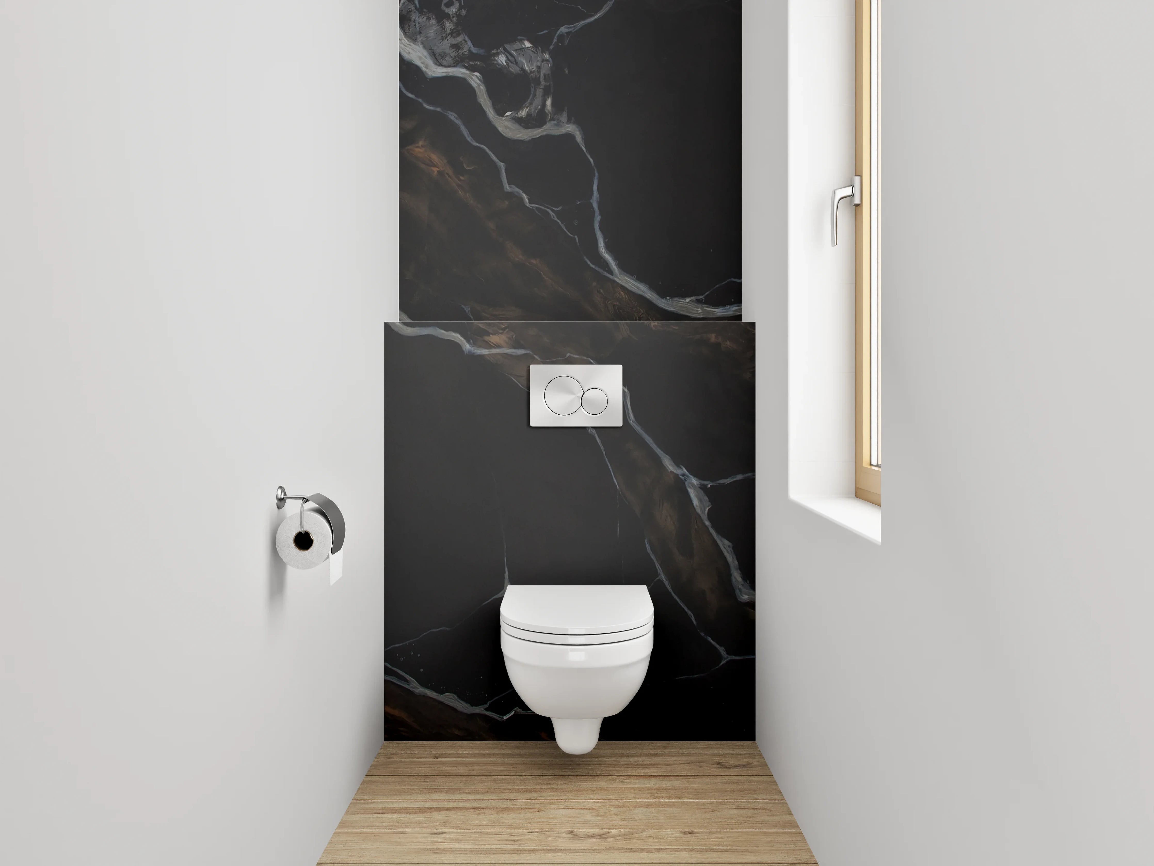 WC-Rückwand - Schwarzer Marmor mit goldbrauner Aderung