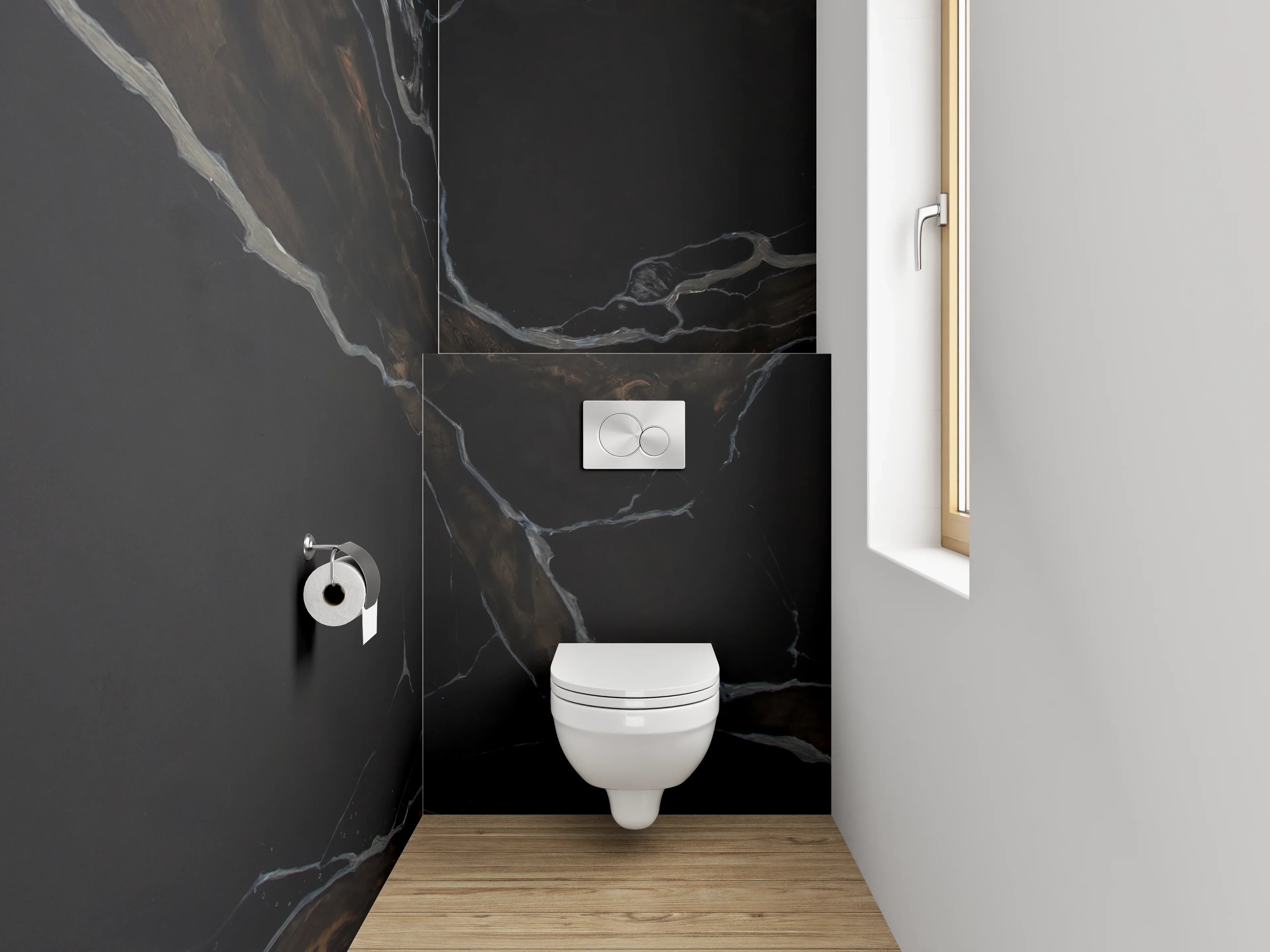 WC-Rückwand - Schwarzer Marmor mit goldbrauner Aderung