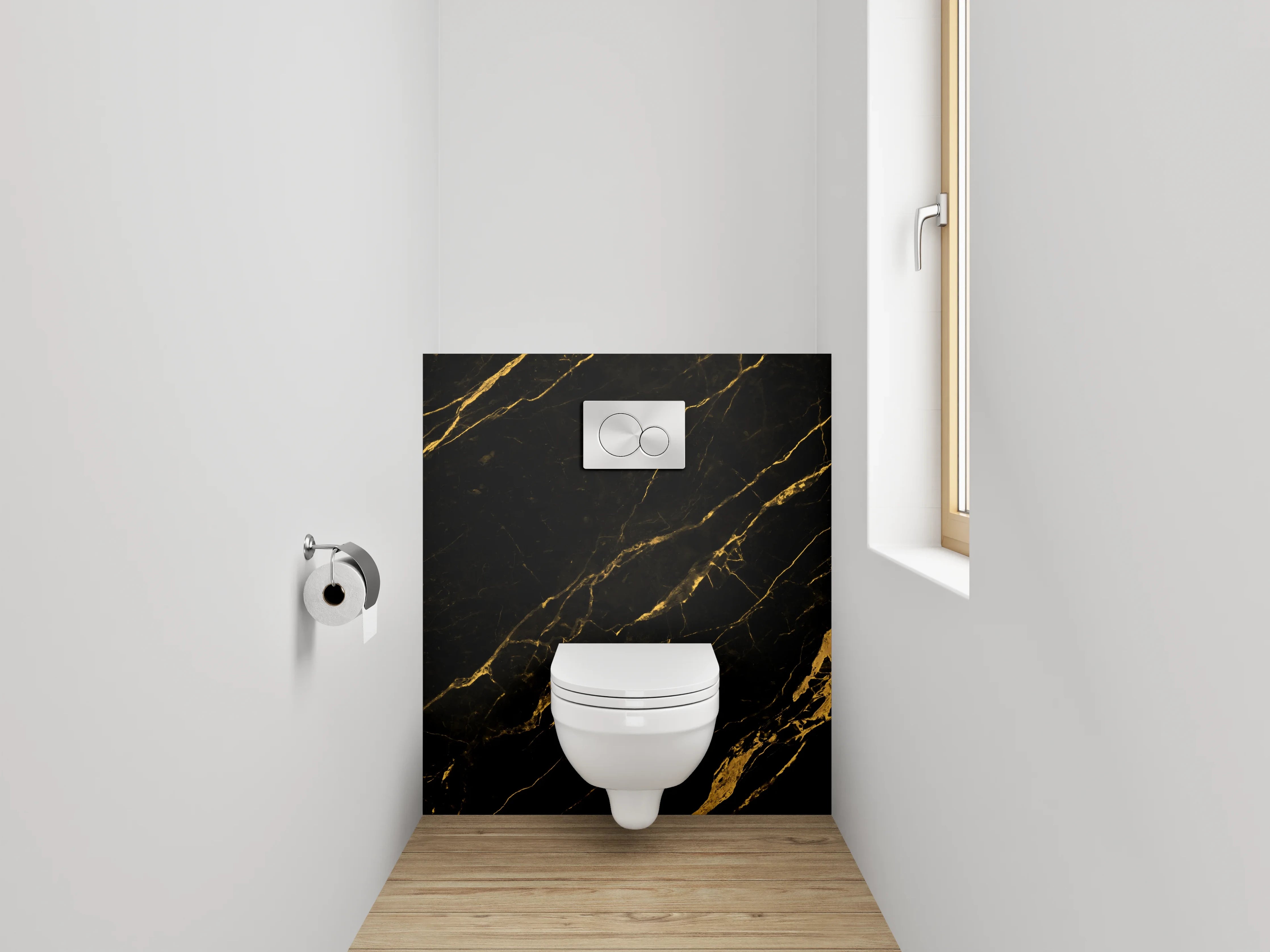 WC-Rückwand - Schwarzer Marmor mit goldener Maserung