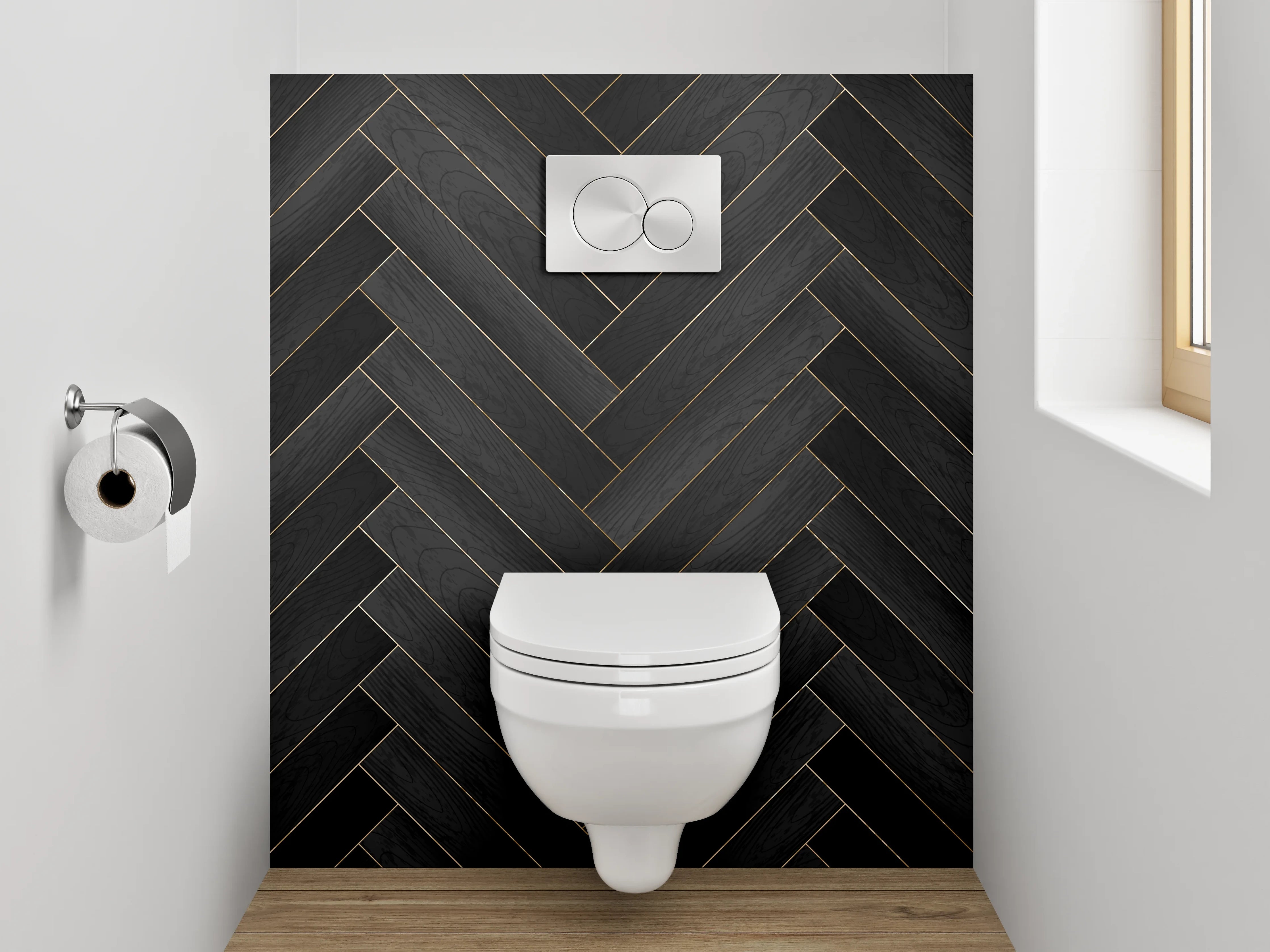 WC-Rückwand - Schwarzes Fischgrät Holz Musterfliese