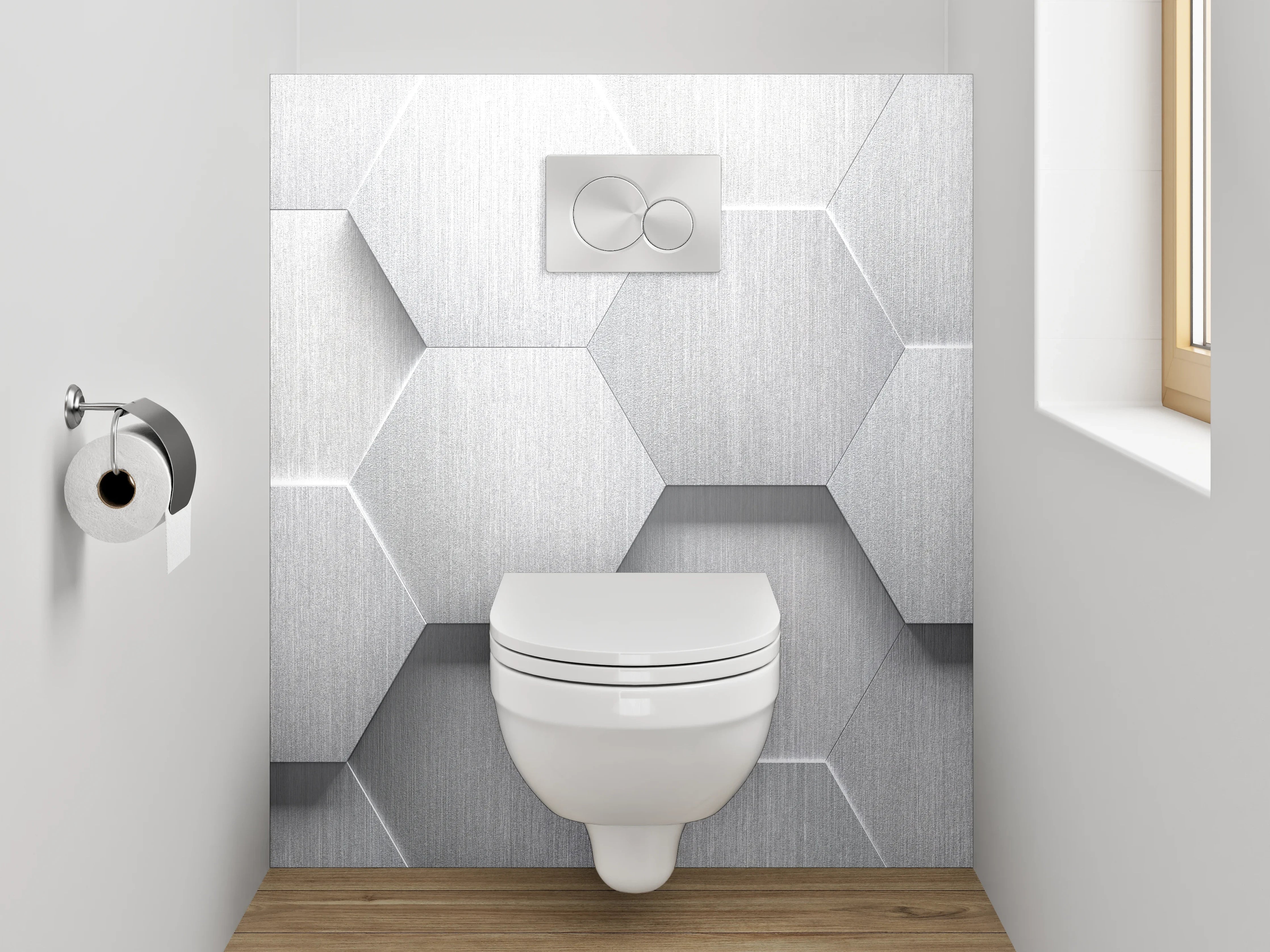 WC-Rückwand - Sechseckige 3D-Muster Grau Weiß Silber