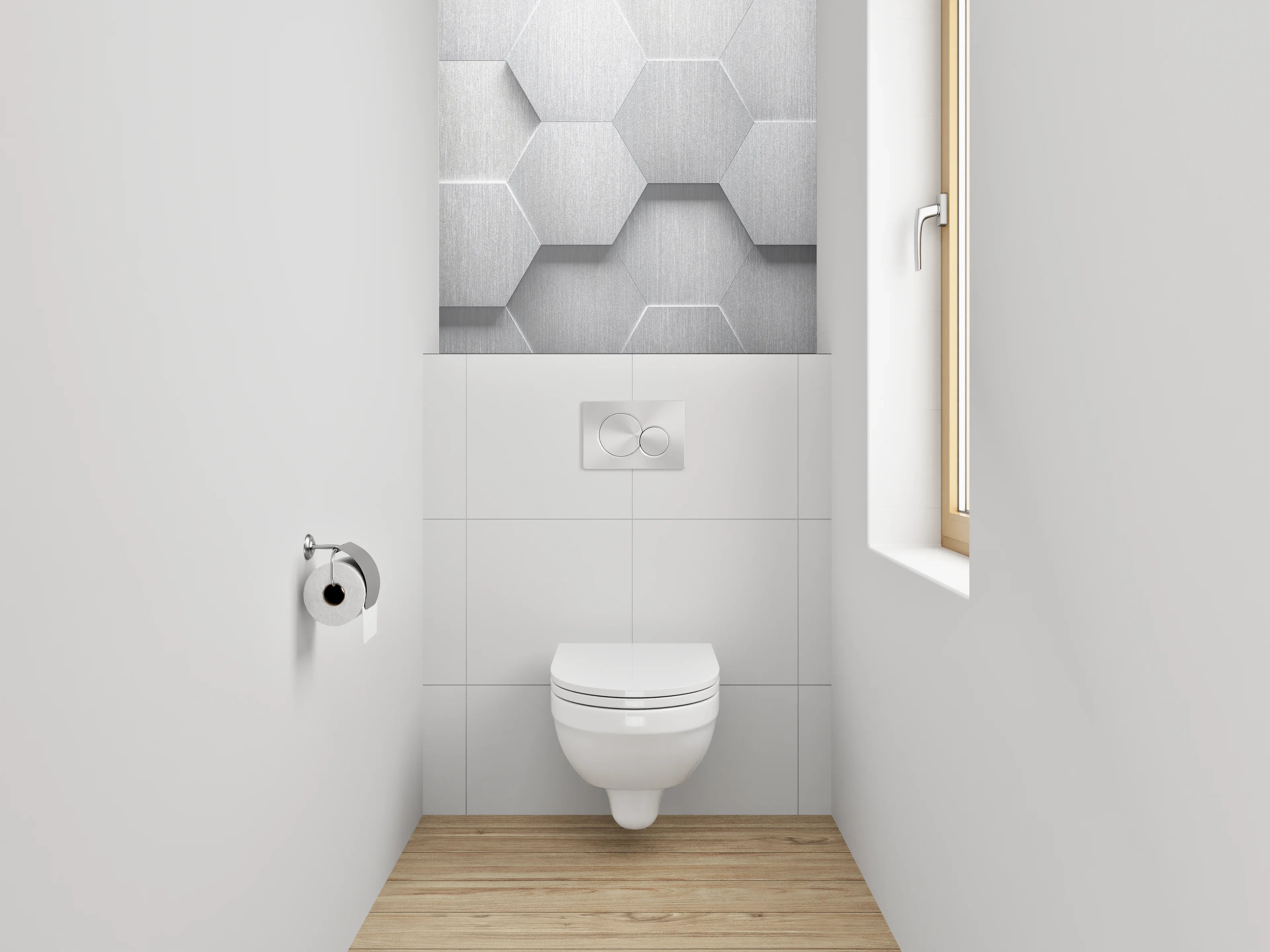 WC-Rückwand - Sechseckige 3D-Muster Grau Weiß Silber