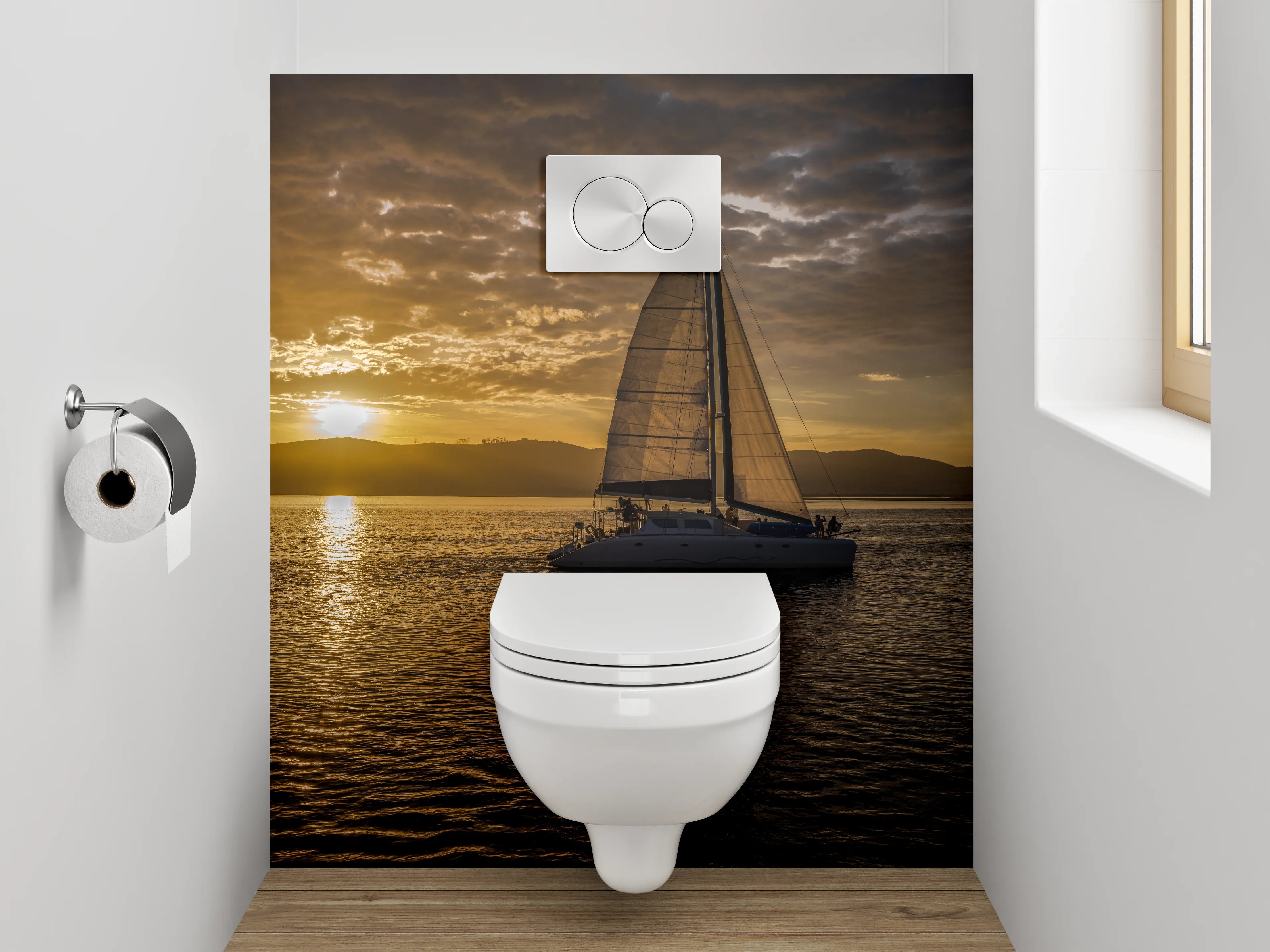WC-Rückwand - Segelboot bei Sonnenuntergang Panorama