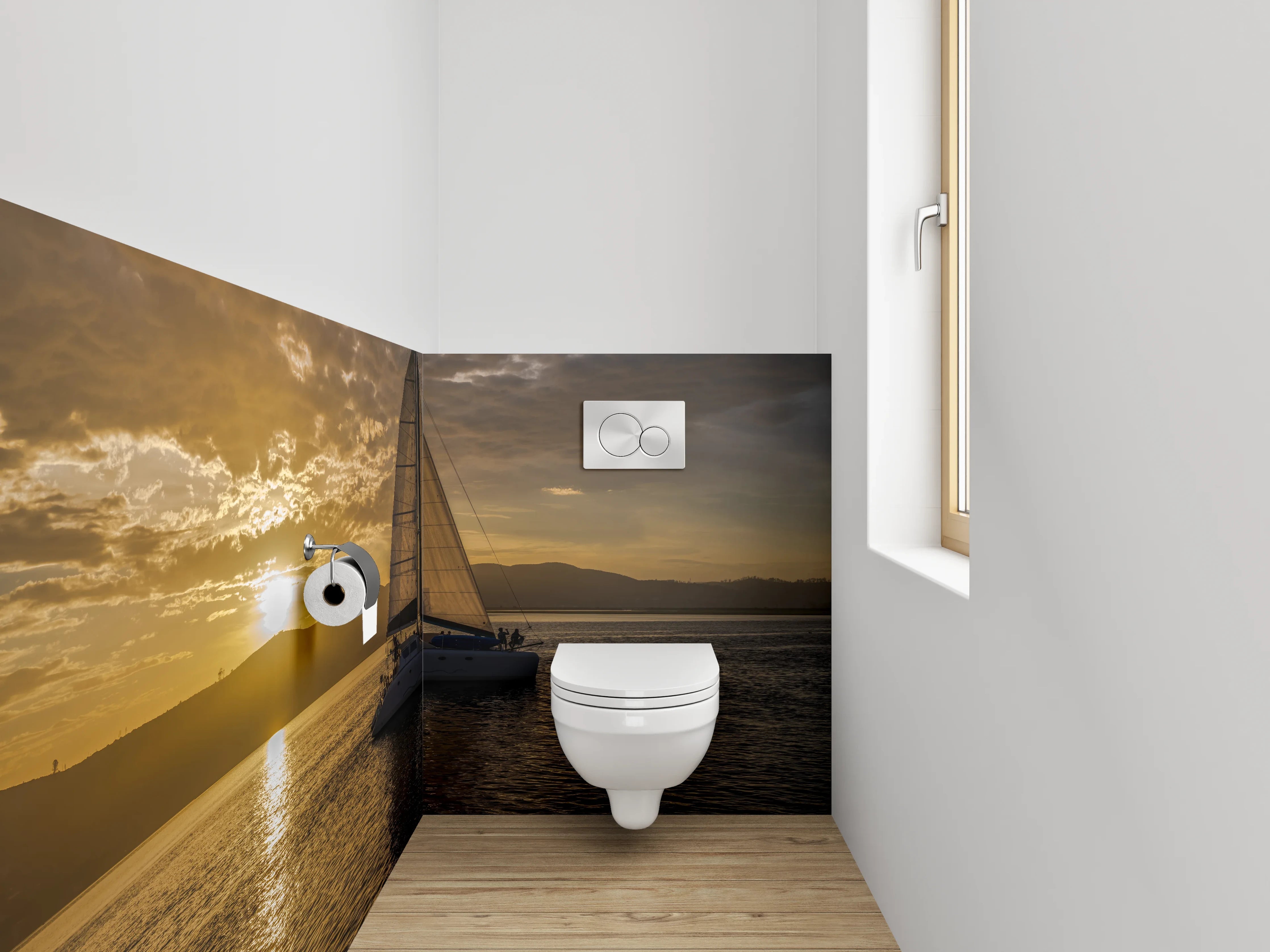 WC-Rückwand - Segelboot bei Sonnenuntergang Panorama